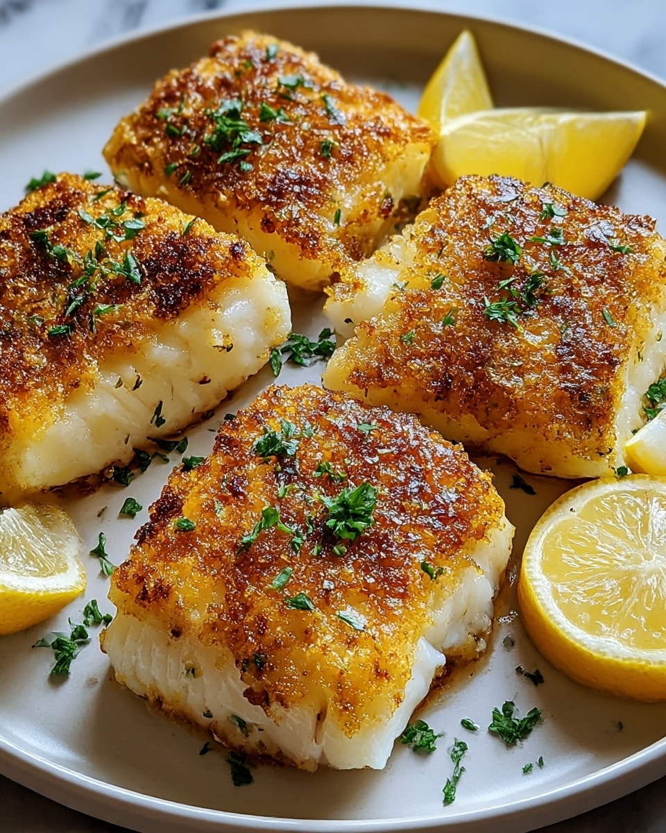 Four pieces of golden-brown seared fish fillets are shown on a white plate, each fillet having a crispy textured layer on top with small green herb bits scattered over them. The fish is thick and white inside, with the golden crust on top creating a rough surface. Lemon wedges with a bright yellow color sit next to the fillets on the plate. The plate is set on a white marbled surface. photo taken with an iphone --ar 4:5 --v 7