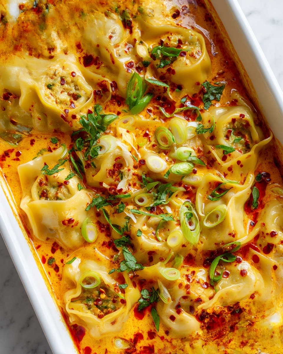 The image shows a white rectangular dish filled with several layers of folded yellow dumplings partially submerged in an orange creamy sauce. Each dumpling has a soft, slightly wrinkled texture with visible stuffing inside, and they are arranged haphazardly, overlapping each other across the dish. The sauce has a smooth and glossy surface with small red chili flakes and oil pooled on top, giving it a spicy look. Scattered over the dumplings and sauce are thin slices of green onions and chopped fresh green herbs, adding a bright contrast to the warm colors. The dish sits on a white marbled surface, and the close-up angle highlights the rich textures and vibrant colors. photo taken with an iphone --ar 4:5 --v 7