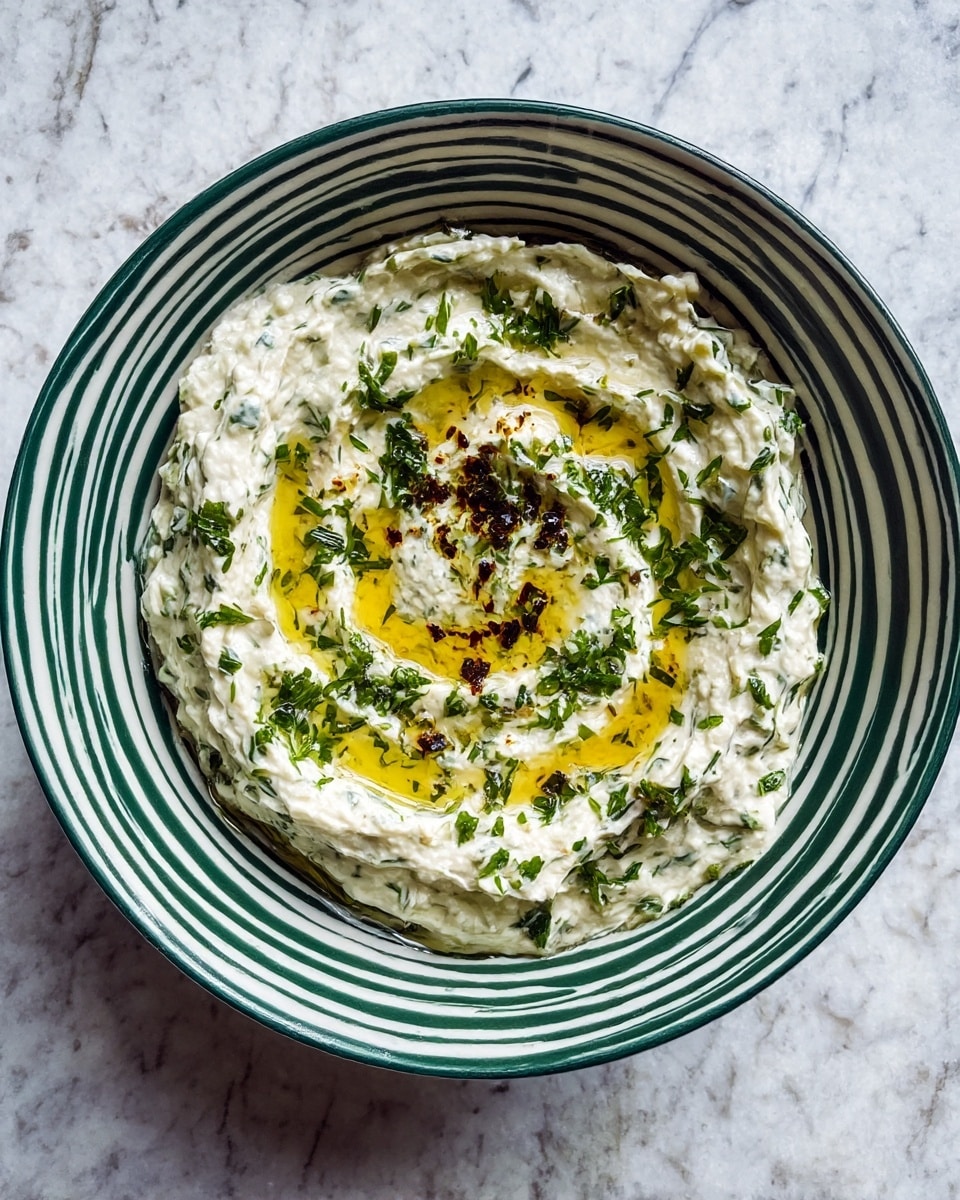 A bowl with vertical dark green and white stripes holds a creamy white dip mixed with finely chopped green herbs. The dip is thick and spread unevenly in the bowl, with a center swirl of golden olive oil and small dark brown chili oil spots on top. More chopped herbs are sprinkled lightly over the top, adding green specks against the pale creamy texture. The bowl rests on a white marbled surface. photo taken with an iphone --ar 4:5 --v 7