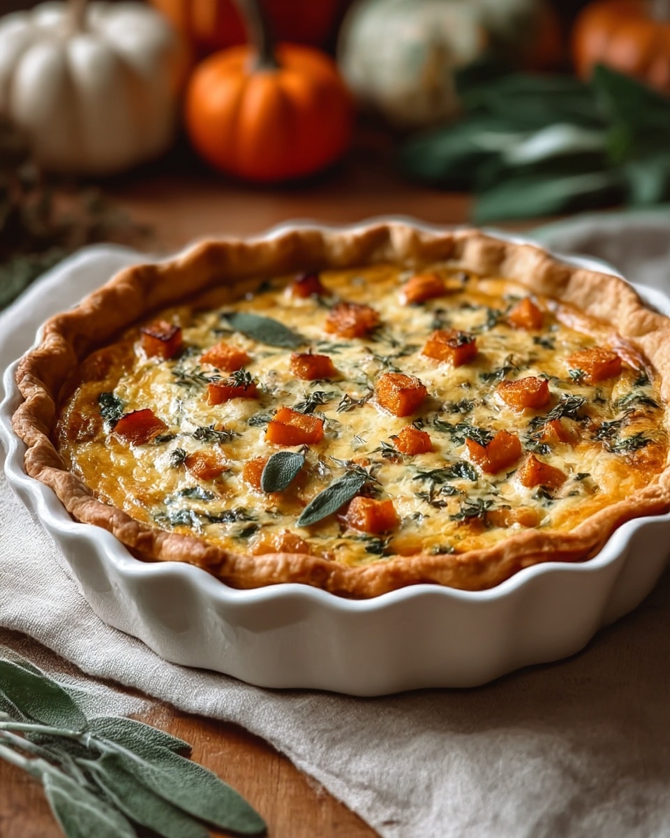 A white scalloped ceramic dish holds a quiche with three visible layers: the outer crust is golden brown and thick with a wavy edge, the middle layer is a creamy yellow egg filling with flecks of green herbs, and the top layer is scattered with small orange roasted pumpkin cubes and fresh sage leaves, adding texture and color contrast. The quiche sits on a light beige cloth on a wooden surface with blurred fall-themed decorations like pumpkins and green leaves in the background. photo taken with an iphone --ar 4:5 --v 7
