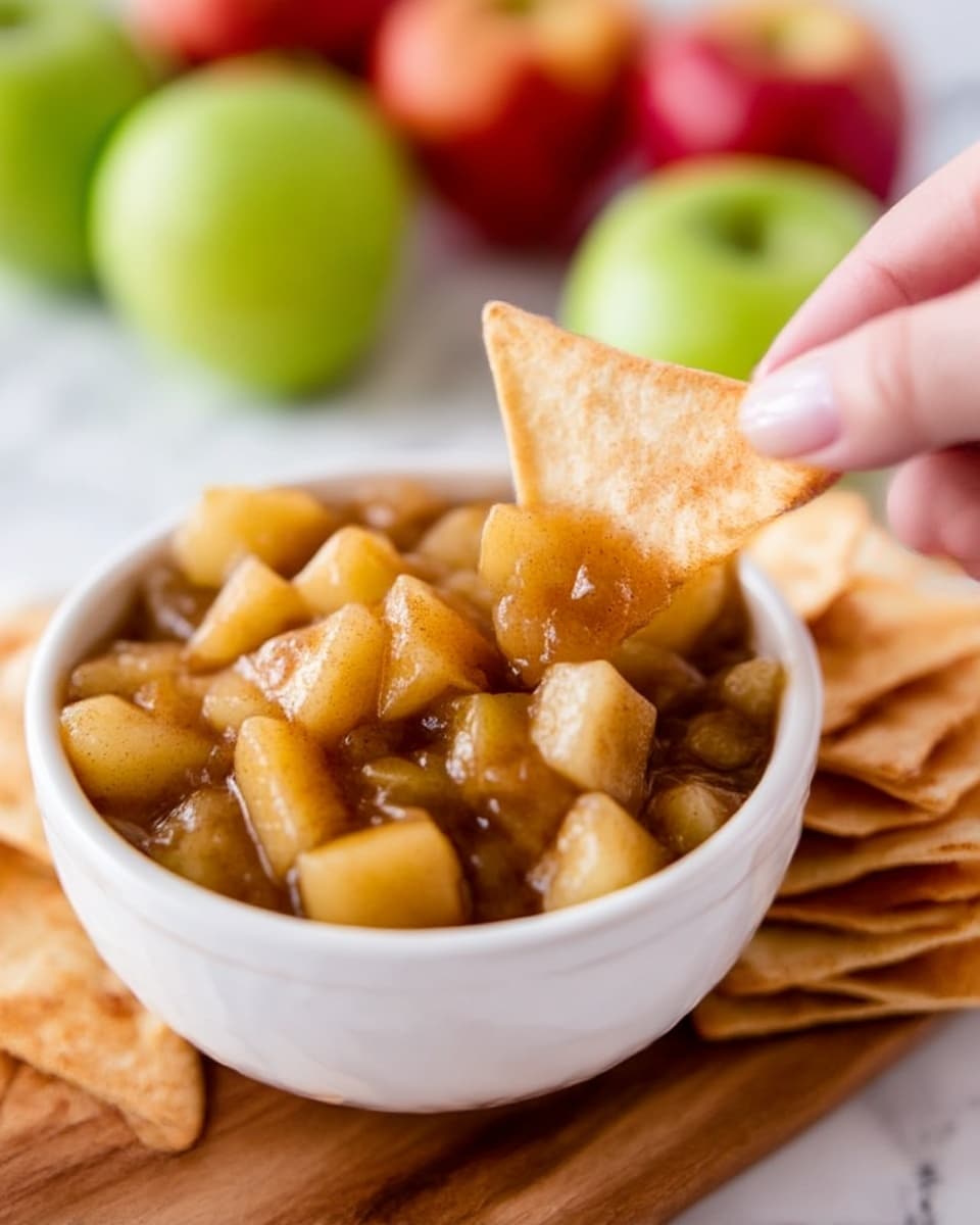 A close-up image shows a white bowl filled with chunky apple compote, featuring soft, golden cubes of cooked apple mixed with brown cinnamon-spiced sauce. A woman's hand is dipping a triangular, lightly toasted chip into the compote, with the chip coated in the glossy apple mixture. The bowl sits on a wooden board that also holds more toasted chips stacked to the side. In the background, there are whole green and red apples that are slightly blurred, set on a white marbled surface. The photo is bright and clear, focusing on the texture of the soft apple pieces and the crispiness of the chip. photo taken with an iphone --ar 4:5 --v 7