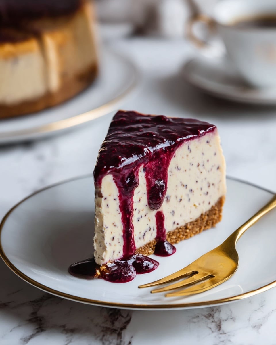 A slice of cheesecake sits on a white plate with a gold rim, showing three layers: a bottom crumbly brown crust, a thick middle creamy layer with small dark specks mixed throughout, and a top glossy dark red-purple berry sauce that drips down the side onto the plate. Next to the slice is a gold fork resting on the plate. The background has a white marbled texture, and there is a blurred cup and saucer in the distance. photo taken with an iphone --ar 4:5 --v 7