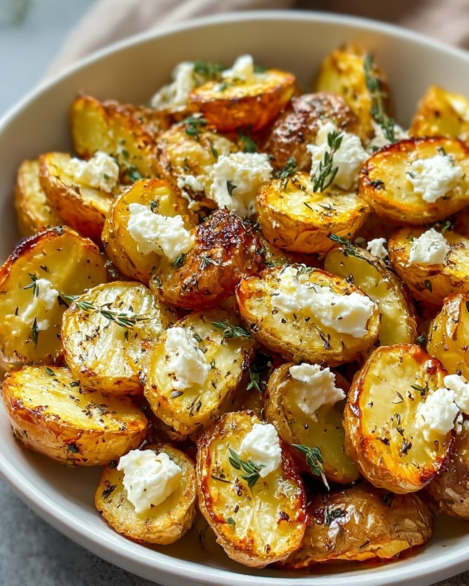 A white bowl filled with roasted potato halves, each piece golden brown with crispy edges and soft centers showing a light yellow color; scattered on top are small, uneven white chunks of cheese with a slightly crumbly texture, sprinkled with green fresh herb leaves and tiny dried herb flakes enhancing the appearance; the potatoes look well seasoned with visible specks of black pepper and herbs, creating a rustic, hearty dish. photo taken with an iphone --ar 4:5 --v 7
