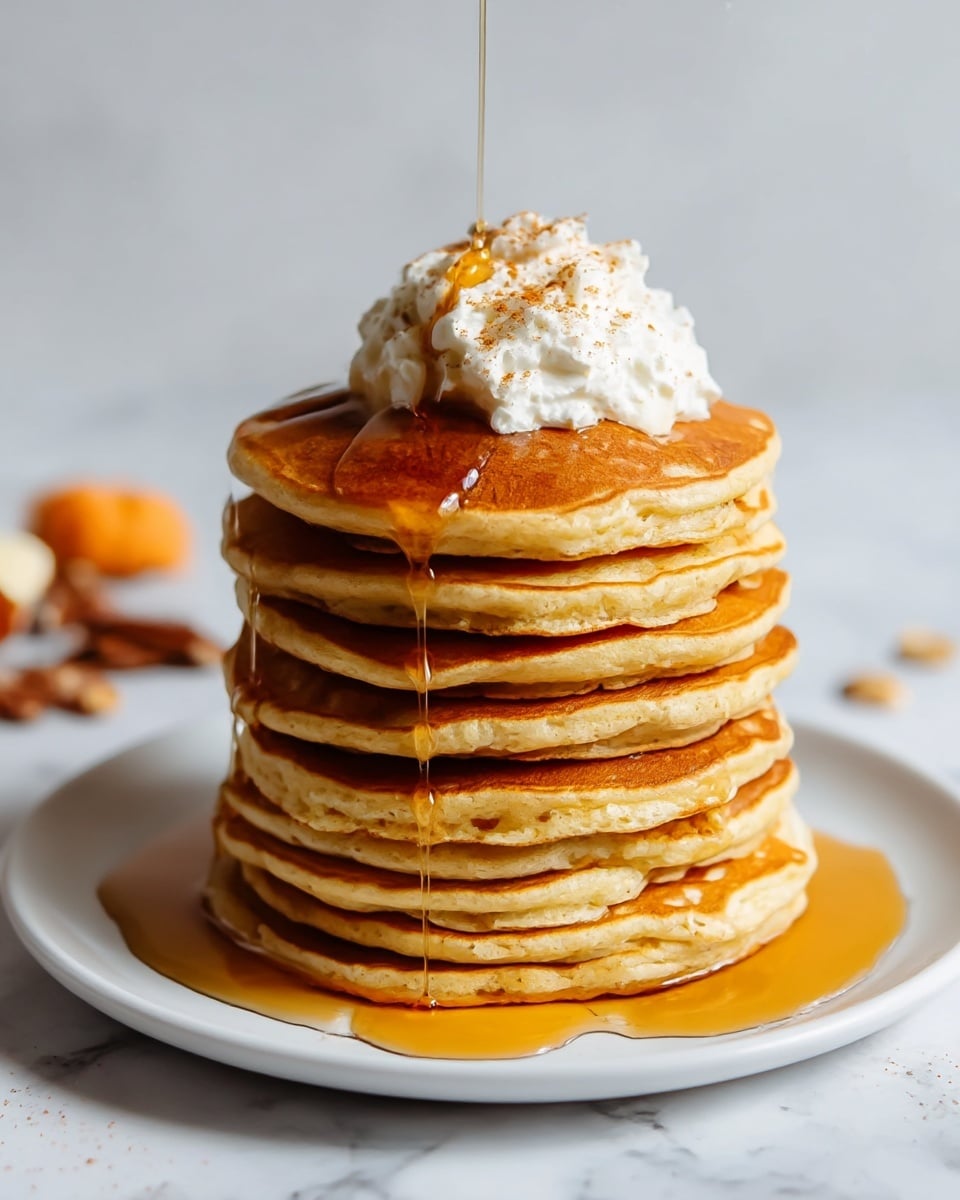 A tall stack of ten golden brown pancakes sits centered on a white plate. The pancakes show a fluffy texture with slight air bubbles and edges that vary from light to darker brown. Maple syrup drips down the sides and pools slightly on the plate around the base. On top of the stack, there is a generous dollop of white whipped cream sprinkled lightly with a dusting of cinnamon. The plate rests on a white marbled surface, giving the whole scene a clean, bright look. Photo taken with an iphone --ar 4:5 --v 7