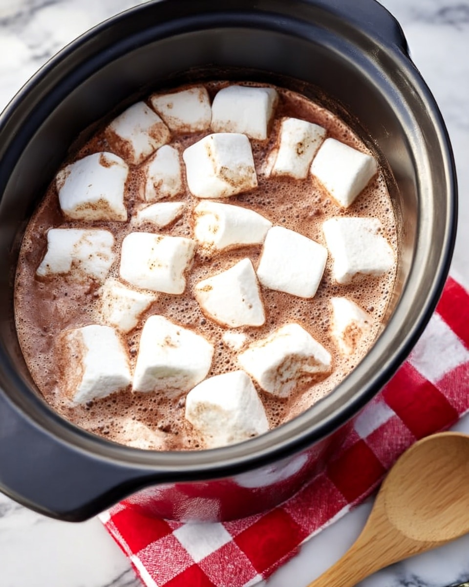 A large black slow cooker filled with a frothy hot chocolate topped with big white marshmallows, showing a mix of creamy milk brown and white foam on top. In front of it, there is a white mug filled with the same hot chocolate and marshmallow mix, sitting on a white marbled surface. Below the mug, two red and white striped candy canes are laid down. A wooden spoon rests on a red and white checkered cloth to the left side of the mug. A small green decorative wreath is placed behind the slow cooker. Photo taken with an iphone --ar 4:5 --v 7