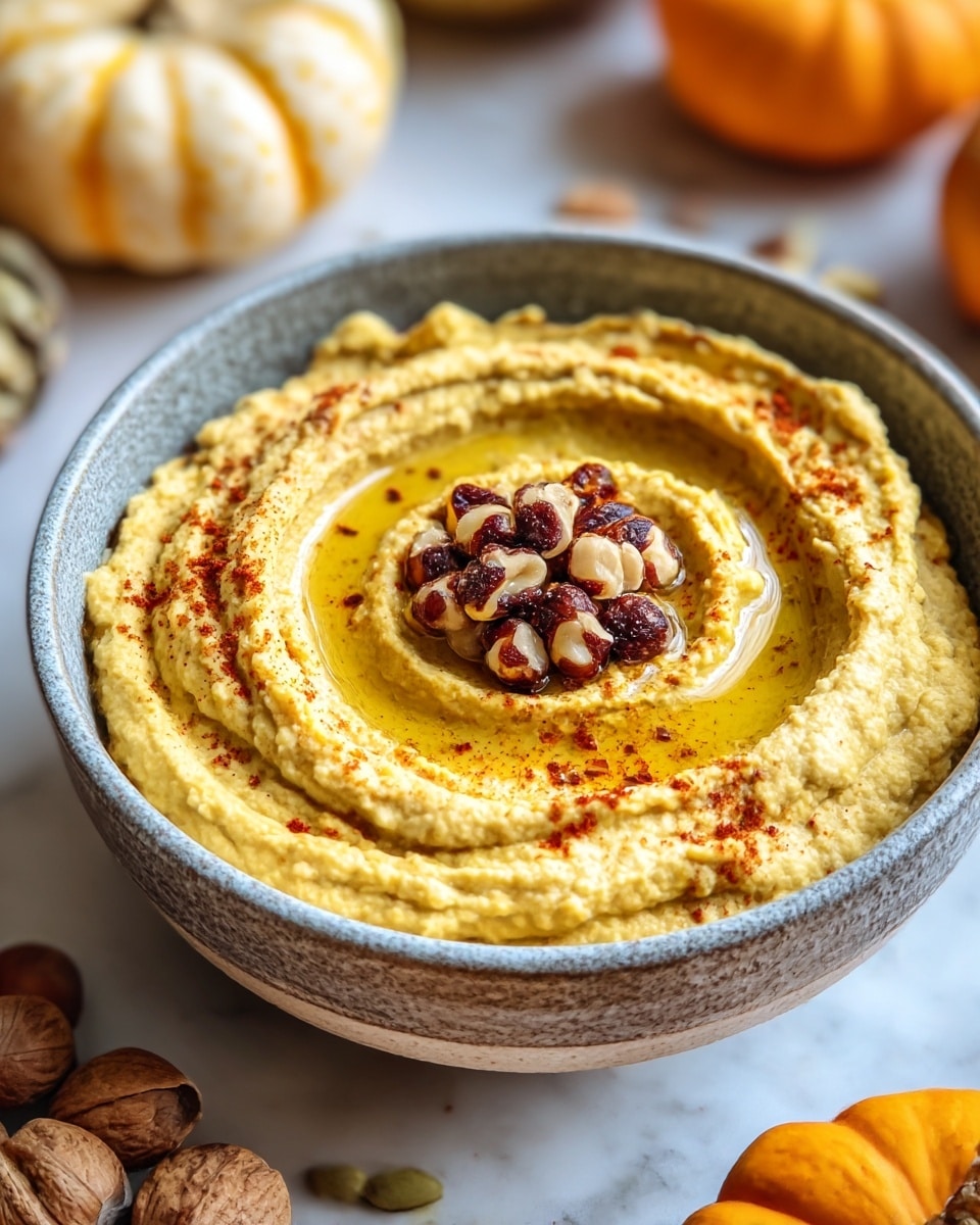 A bowl filled with smooth, creamy yellow hummus is centered in the image, topped with a swirl of oil and sprinkled with paprika, adding a red contrast. In the middle of the hummus, there is a small cluster of mixed nuts in shades of tan and dark brown. The bowl itself is textured gray with an off-white inside, placed on a white marbled surface. Around the bowl, blurred pumpkins, nuts, and other autumn elements are softly visible, creating a warm, cozy setting. photo taken with an iphone --ar 4:5 --v 7