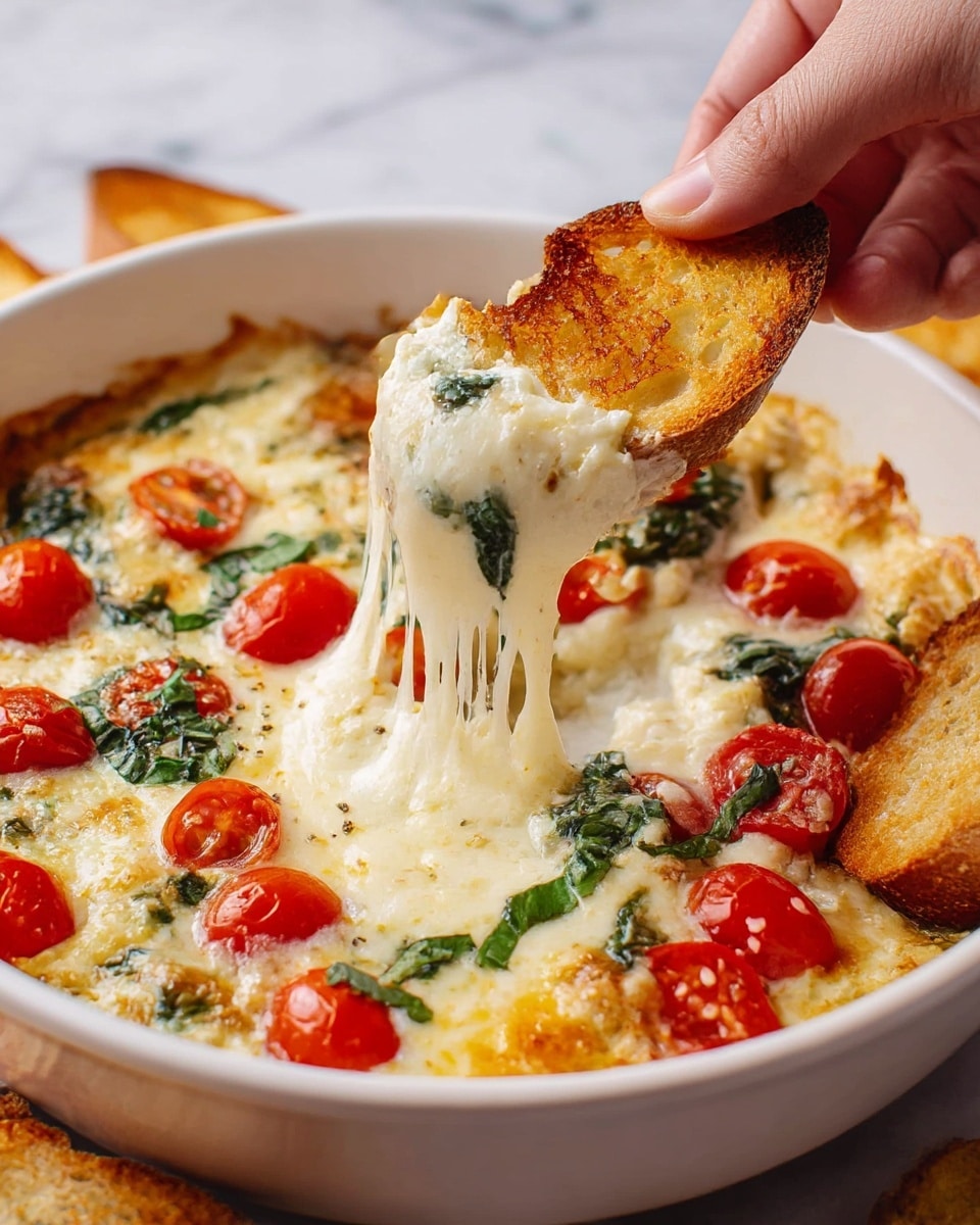 The dish is a warm, cheesy dip served in a white bowl, filled with melted creamy white cheese that has a thick, smooth texture and stretches as a piece of toasted bread is lifted. Scattered throughout the cheese are bright red cherry tomato halves and small green leafy herbs, adding pops of color. Around the edges, golden brown toasted bread slices are partially dipped, showing a crisp, slightly bubbled texture. A woman's hand is holding one bread slice, pulling it upwards to reveal the gooey cheese stretching down into the bowl, all sitting on a white marbled surface. Photo taken with an iphone --ar 4:5 --v 7