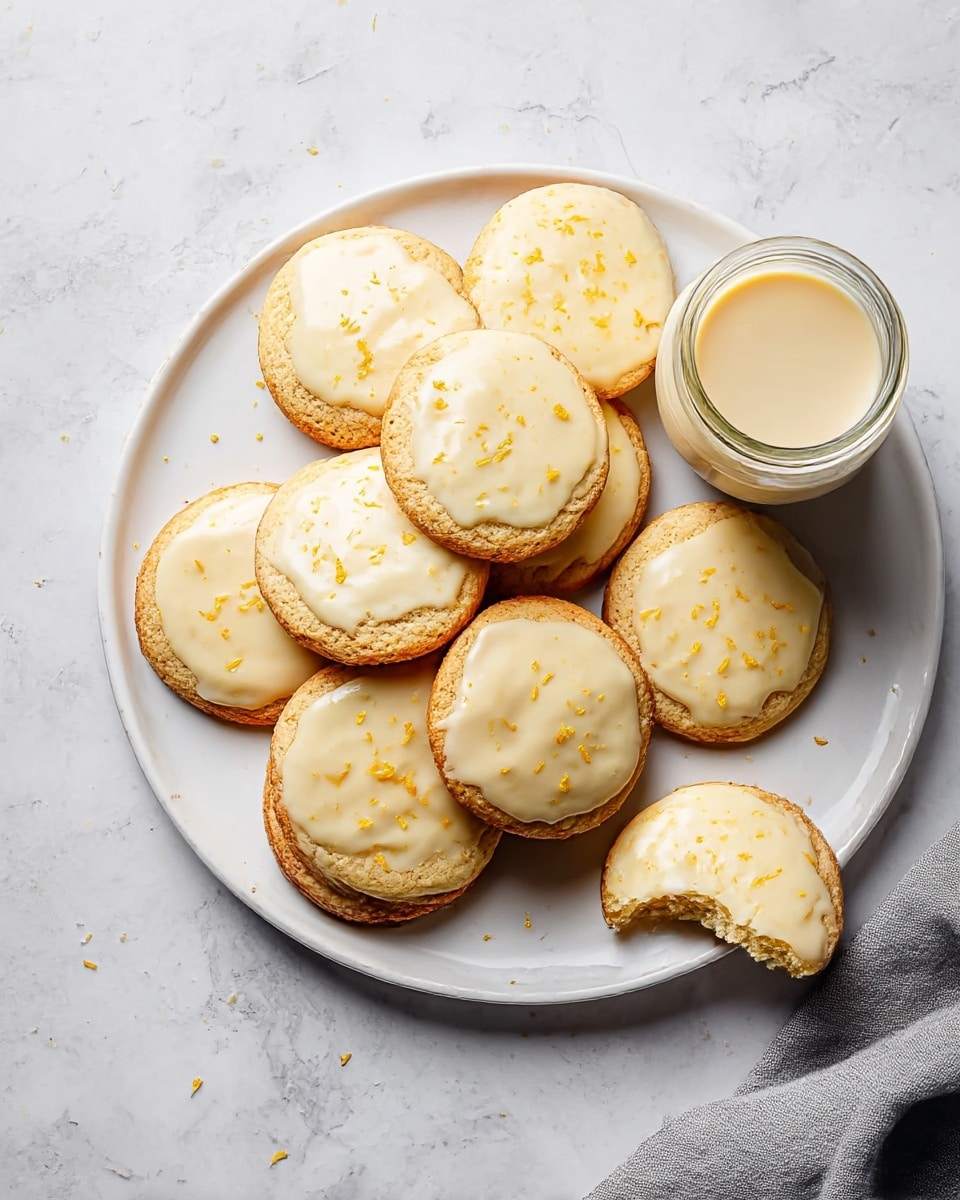 A white plate holds eight round cookies, each with a golden-brown biscuit base and a creamy, light yellow icing on top, sprinkled with tiny orange zest bits. The cookies are stacked unevenly in a loose pile toward the left side of the plate, while a small glass jar filled with light beige icing sits on the right. One cookie with a bite taken out is placed on the white marbled surface below the plate, showing its soft inside and glossy icing. A piece of gray cloth is partially visible in the bottom right corner. The photo taken with an iphone --ar 4:5 --v 7