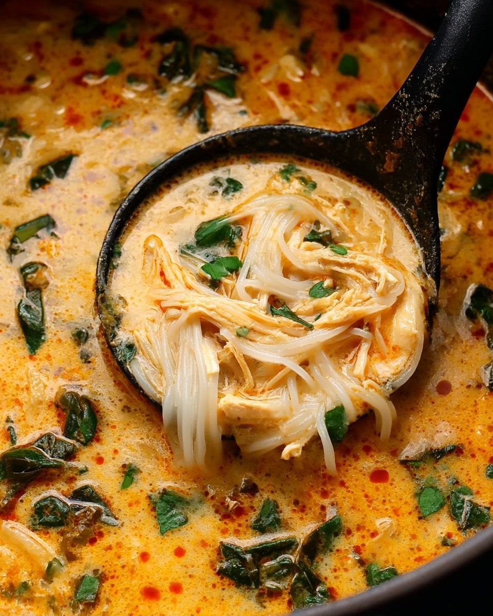 A close-up view of a creamy orange soup filled with white rice noodles and tender shredded chicken visible in a black ladle near the center, floating in the broth are chopped green herbs and dark green leafy vegetables scattered throughout. The surface has a slightly oily texture with light red specks adding color variation, held in a dark pot with a few spices visible on the surface, photo taken with an iphone --ar 4:5 --v 7