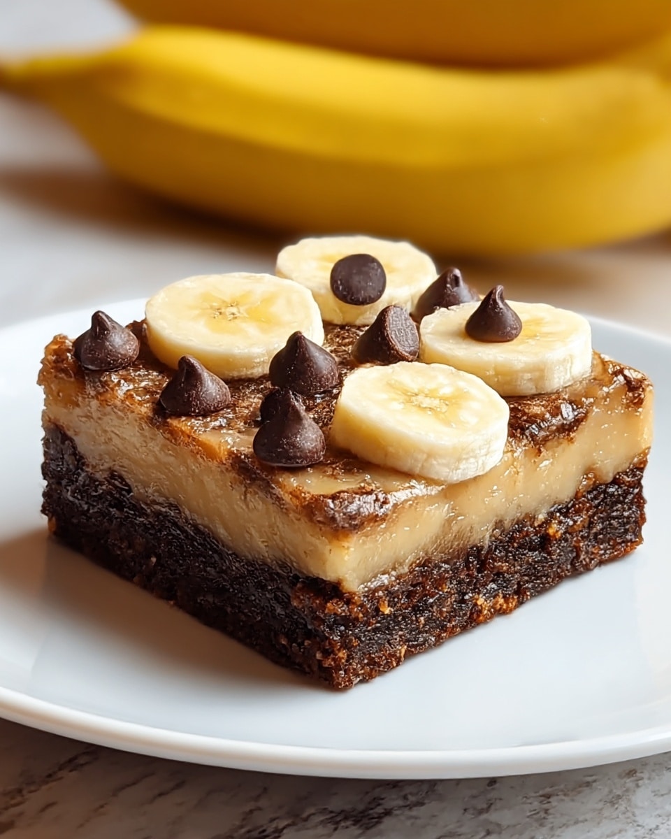 A square dessert bar is shown on a white plate with a white marbled texture surface underneath. The base layer is thick and dark brown with a crumbly texture that looks like chocolate cookie crust. The middle layer is lighter brown and smooth, appearing creamy or caramel-like. On top, there are several chocolate chips scattered around with a glossy dark brown color. Three round banana slices with pale yellow color and soft texture are placed evenly on the top layer. In the background, ripe yellow bananas are slightly out of focus. Photo taken with an iphone --ar 4:5 --v 7