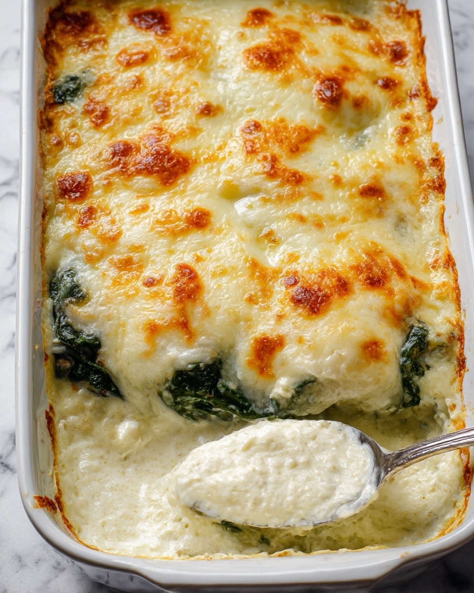 This image shows a white baking dish filled with a creamy baked dish that has a top layer of melted, golden-brown cheese with bubbly and slightly browned spots. Underneath the cheese, there is a layer of green spinach leaves peeking out at the edges. The bottom of the dish contains a very creamy white sauce mixed with ricotta cheese, giving it a smooth and slightly lumpy texture. A spoon is scooping out a portion from the bottom right corner, revealing the thick and creamy inside. The dish appears hot and fresh from the oven, with crispy baked edges on the white dish. The surface beneath the dish is a white marbled texture. photo taken with an iphone --ar 4:5 --v 7