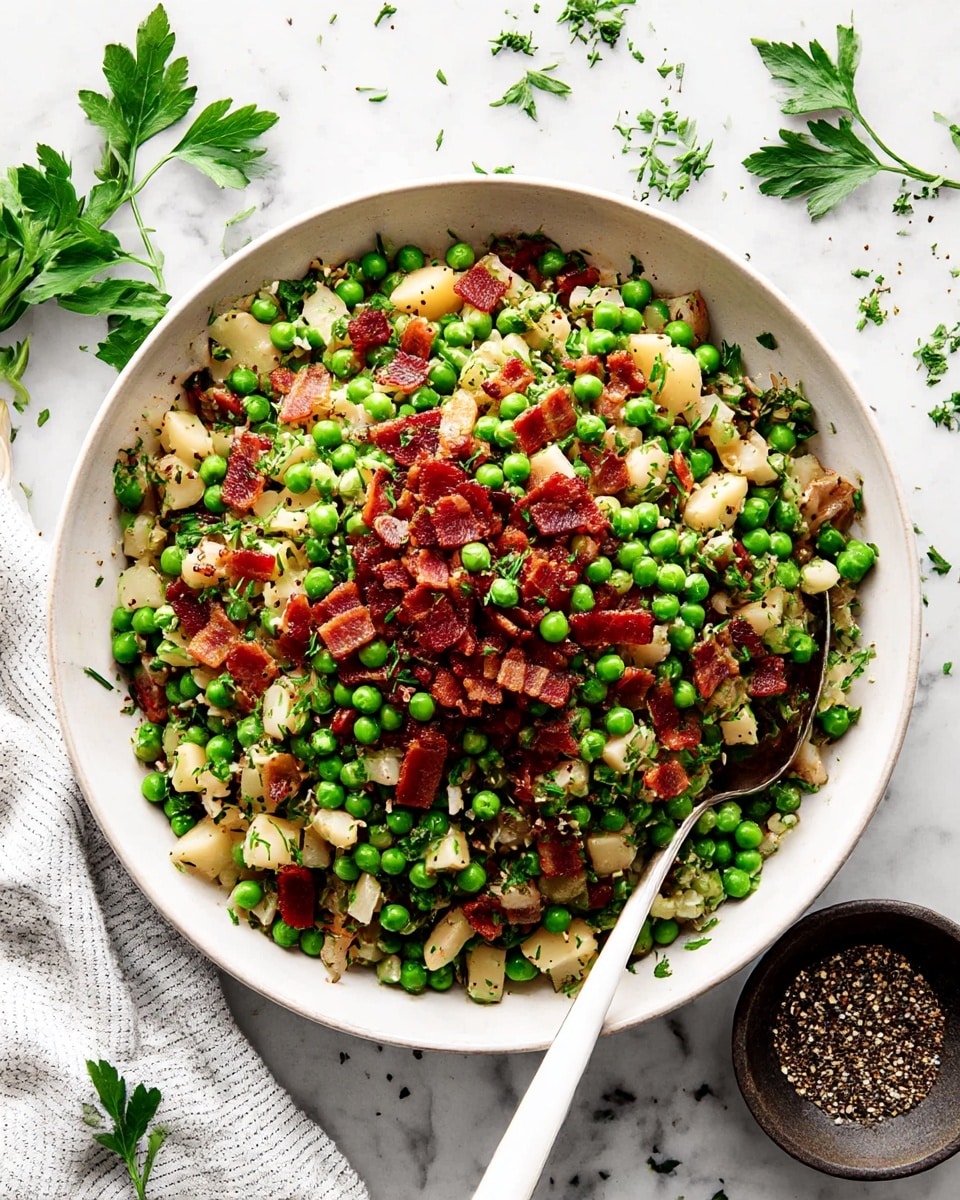 A large white bowl filled with a colorful mix of small diced reddish-brown cooked bacon pieces centered on top, surrounded by bright green peas and light beige diced vegetables, likely onions or potatoes, mixed evenly with chopped green herbs throughout. A silver spoon with a white handle rests inside the bowl on the right side. The bowl sits on a white marbled surface next to a white and gray striped cloth and scattered fresh parsley leaves. Nearby, a small dark bowl holds coarse ground black pepper. The overall look is fresh with lots of green and earthy tones, the textures varied between soft peas, crispy bacon, and tender diced vegetables. Photo taken with an iphone --ar 4:5 --v 7