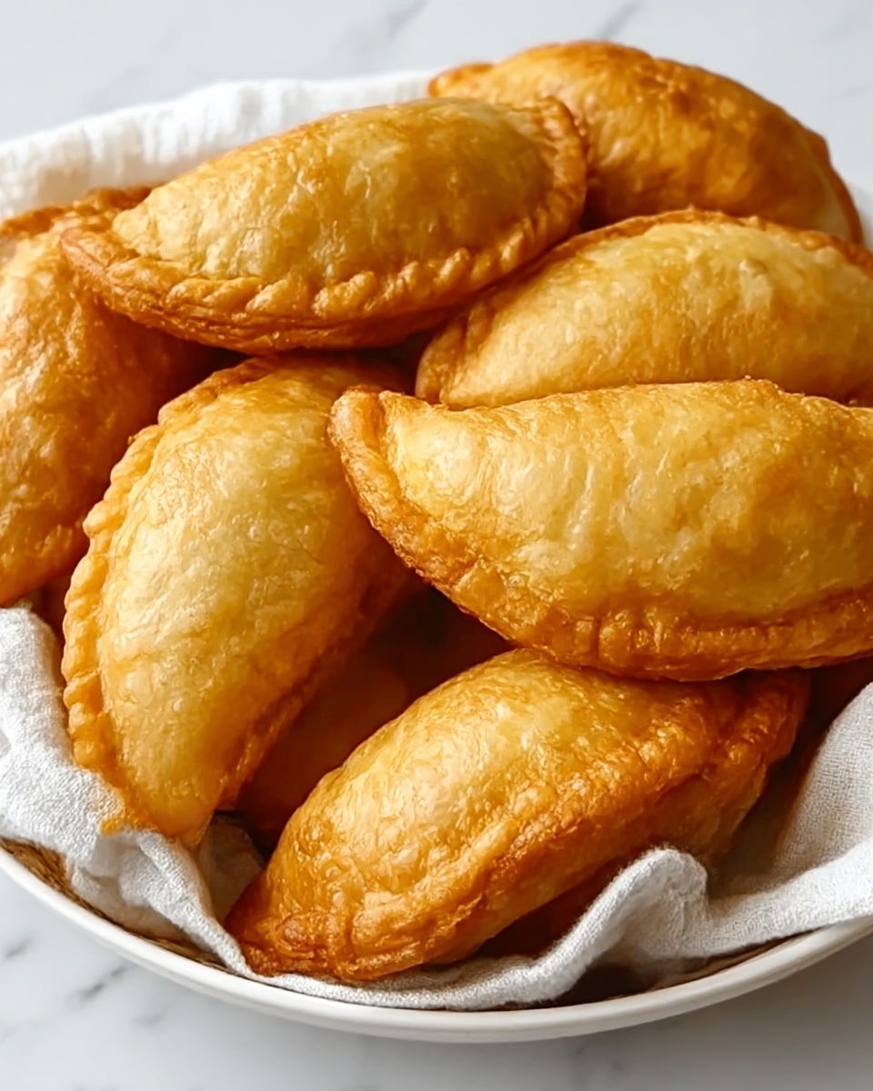 A close-up of a pile of golden brown, deep-fried empanadas with crimped edges, showing a shiny, crispy texture on each piece. The empanadas are arranged in a shallow white plate lined with a white cloth, placed on a white marbled surface. The shapes are slightly curved with a smooth, puffed top crust and a flaky side edge that looks crunchy. photo taken with an iphone --ar 4:5 --v 7
