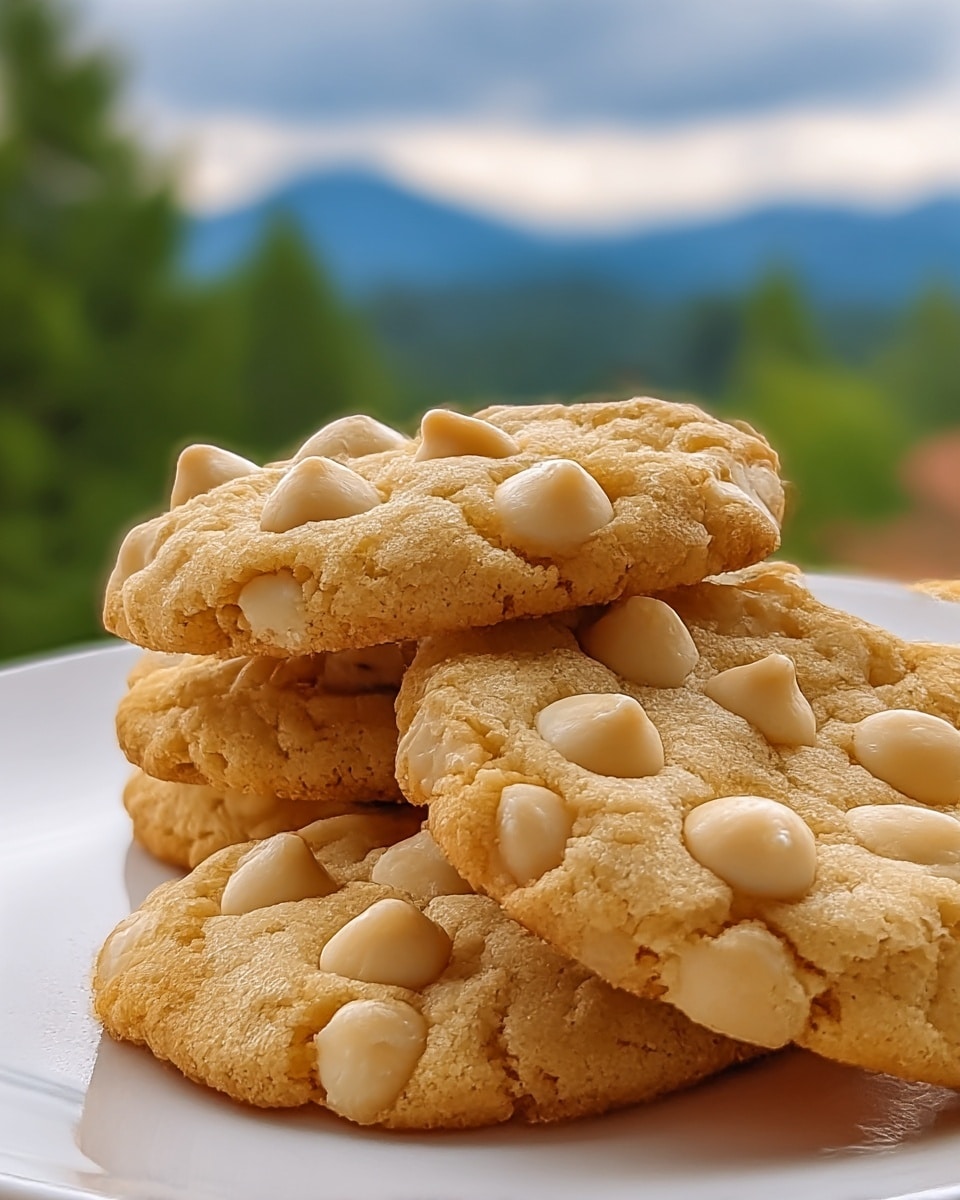 A close-up view of four light golden brown cookies stacked slightly overlapping on a white plate, each cookie dotted with many smooth, pale beige macadamia nuts about evenly spread on the top surface. The cookies have a soft, slightly cracked texture and a round shape with edges that are a bit crispier. In the blurry background, there are soft shapes of green trees and distant mountains under a partly cloudy sky, giving a fresh outdoor feeling. Photo taken with an iphone --ar 4:5 --v 7