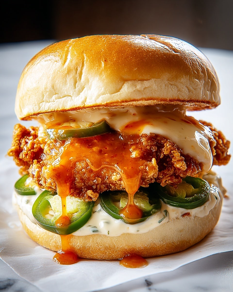 A sandwich with three layers: at the bottom is a soft white bun, topped with sliced green jalapeños covered in a creamy white sauce with herbs. Above this sits a crispy fried chicken piece with a golden-brown crunchy texture, glazed with a shiny orange sauce that drips down. The top layer is a toasted white bun with a slight shine and soft inside. The sandwich rests on white paper over a white marbled surface. photo taken with an iphone --ar 4:5 --v 7