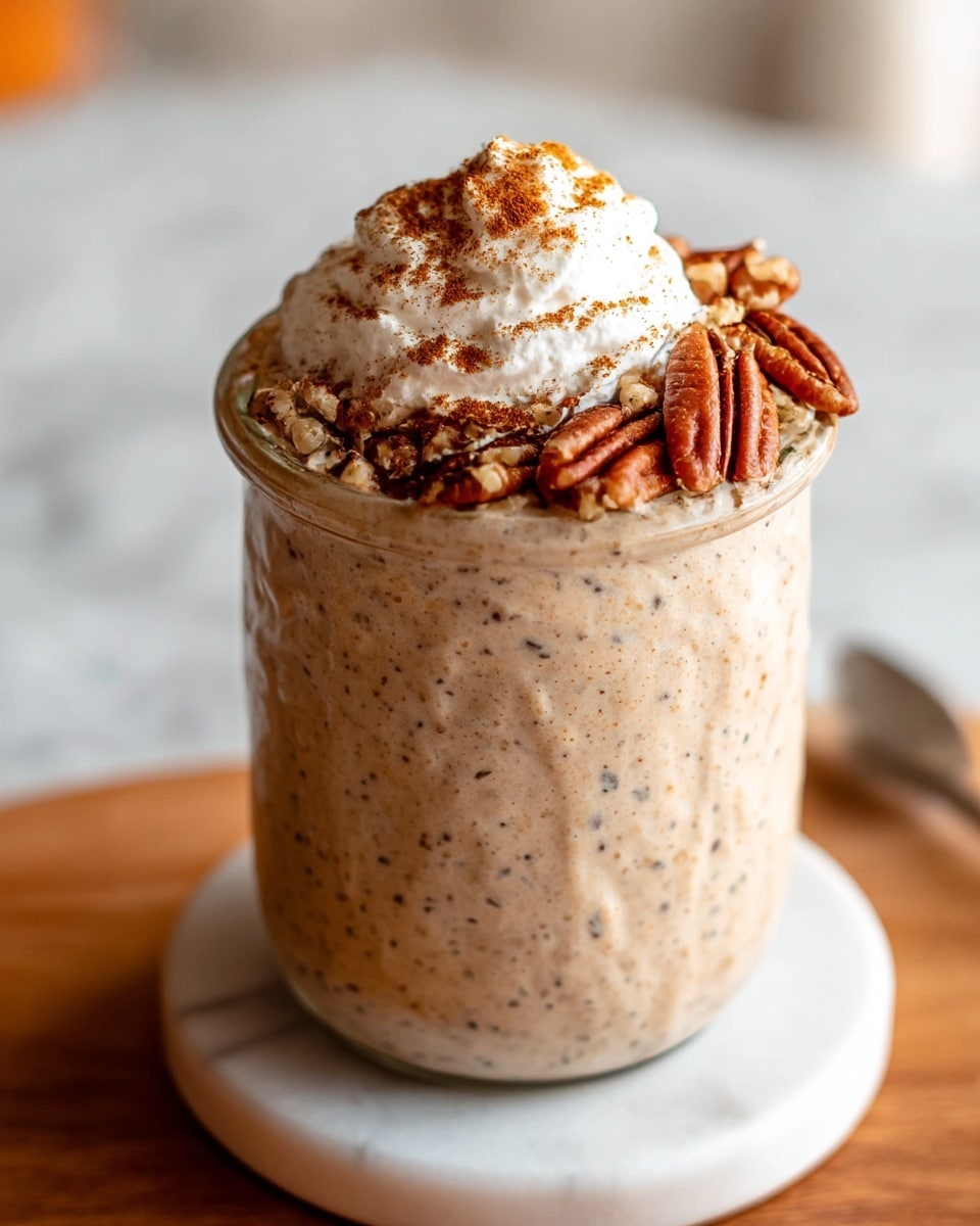A close-up view of a glass jar filled with a thick, creamy mixture with small dark specks evenly spread throughout, giving a textured look to the beige base. On top, there is a dollop of smooth whip cream sprinkled with a light dusting of brown cinnamon powder. Beside the cream, a generous layer of chopped brown pecans adds a crunchy texture, slightly spilling over the edge of the jar. The jar rests on a small white marble coaster placed on a light brown wooden surface with a white marbled background softly blurred behind. Photo taken with an iphone --ar 4:5 --v 7