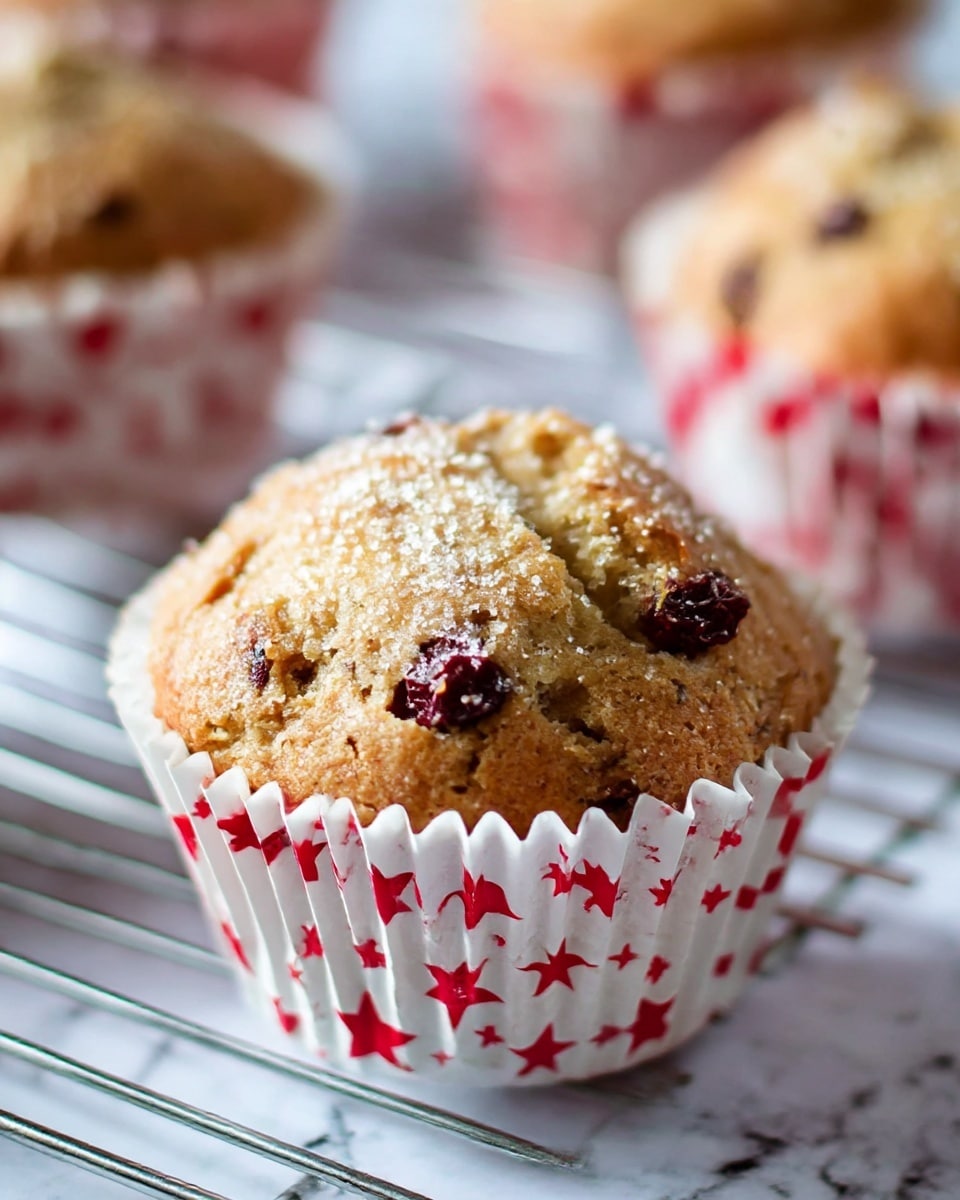 A close-up of a single muffin with a light brown top sprinkled lightly with sugar, showing a soft, crumbly texture with dark red dried fruit pieces visible inside. The muffin is in a white paper cup decorated with red stars and patterns, sitting on a silver cooling rack over a white marbled texture. Other muffins with similar appearance can be seen blurred in the background. photo taken with an iphone --ar 4:5 --v 7