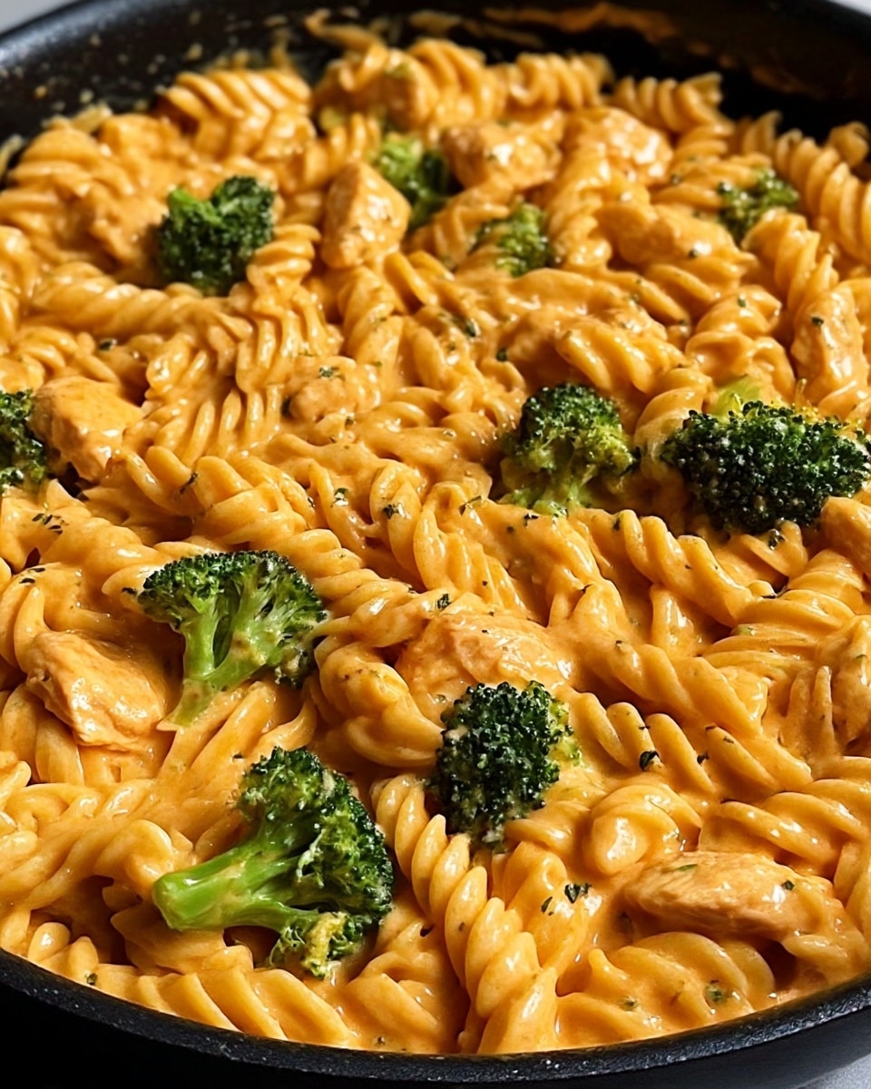The image shows a close-up of a creamy orange cheese sauce pasta with spiral rotini noodles, mixed with small bright green broccoli florets evenly spread throughout. The pasta is thickly coated in the smooth, glossy cheese sauce and topped with a sprinkle of black pepper. The dish is served in a black skillet placed on a white marbled surface. Photo taken with an iphone --ar 4:5 --v 7