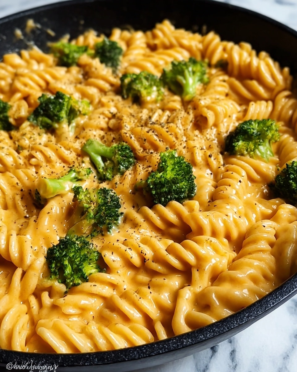 The image shows a creamy pasta dish in a black pan, featuring twisted fusilli pasta coated evenly in a smooth orange sauce. Mixed within the pasta are small bright green broccoli florets, adding a pop of color throughout. Small pieces of light beige chicken are scattered among the pasta and broccoli, blending softly with the sauce. The sauce has a slightly glossy texture and is dotted with tiny green herbs, giving a fresh look. Photo taken with an iphone --ar 4:5 --v 7