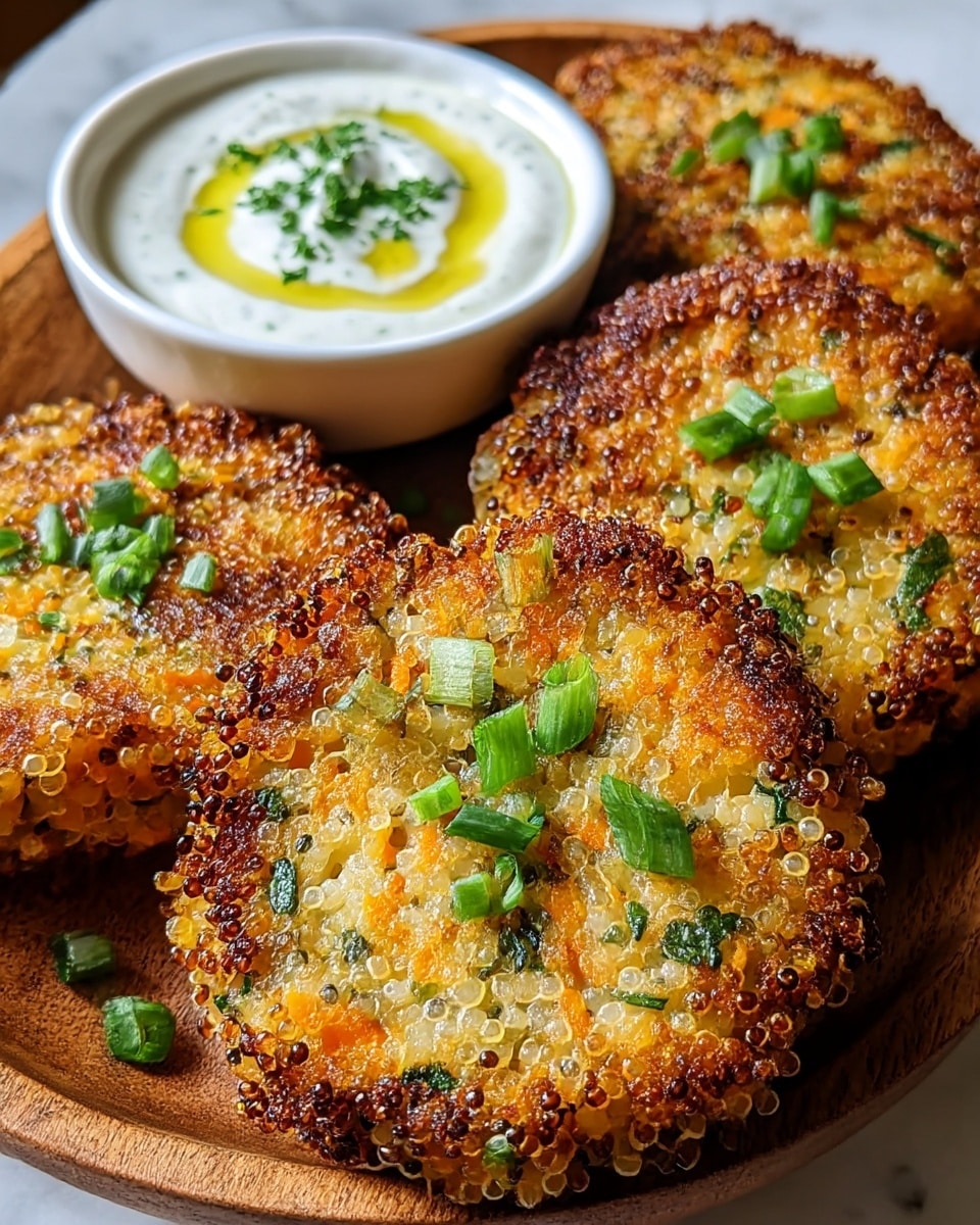 The dish shows four round quinoa patties with a golden-brown crispy outer layer, dotted with small poppy-like rings of cooked quinoa around the edges. The inside of each patty reveals a soft mix with visible bits of orange carrot and green herbs, topped with chopped green onions for garnish. Behind the patties, there is a small white bowl of creamy white sauce with a swirl of olive oil and a sprinkle of green herbs on top. The plate holding the patties is white with a wood texture, set on a white marbled surface. photo taken with an iphone --ar 4:5 --v 7