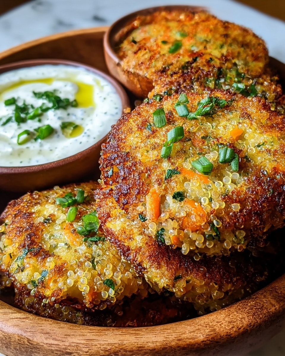A close-up view of four golden-brown quinoa patties with crispy edges piled inside a wooden bowl. The patties have visible small pieces of orange carrot, green herbs, and white quinoa grains, giving them a colorful and fresh look. They are topped with chopped green onions for extra color and texture. Behind them, there is a brown bowl filled with creamy white sauce, drizzled with olive oil and garnished with more chopped green onions. The entire scene is set against a white marbled surface. photo taken with an iphone --ar 4:5 --v 7