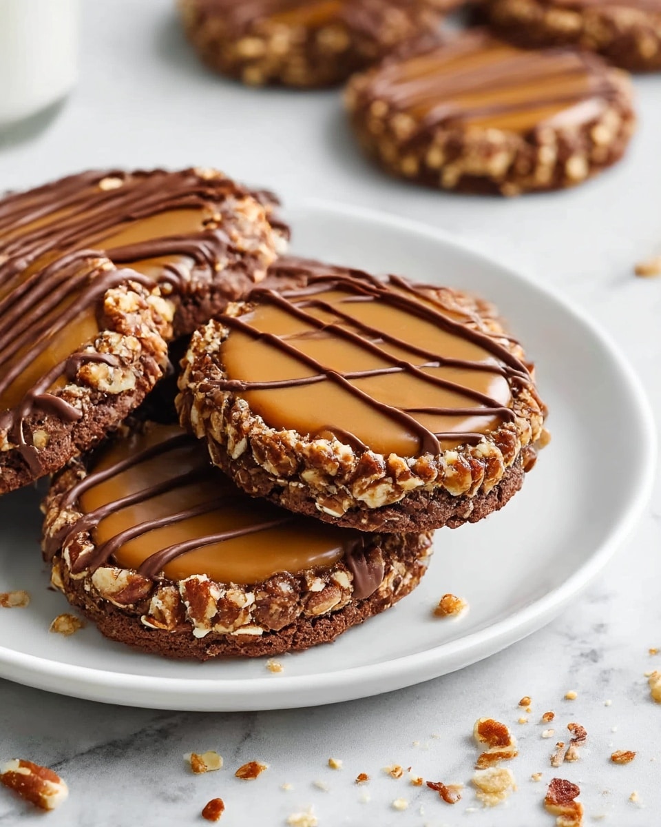 A white plate holds a stack of round cookies, each with three visible layers: the base is dark brown and studded with chopped nuts around the edges, forming a rough texture; the middle layer is smooth, glossy caramel in a golden brown color, placed perfectly in the center of each cookie; the top layer is thin drizzles of milk chocolate, applied in even, parallel lines across the caramel. The plate is on a white marbled surface scattered with small nut crumbs. In the background, more cookies rest slightly out of focus. Photo taken with an iphone --ar 4:5 --v 7