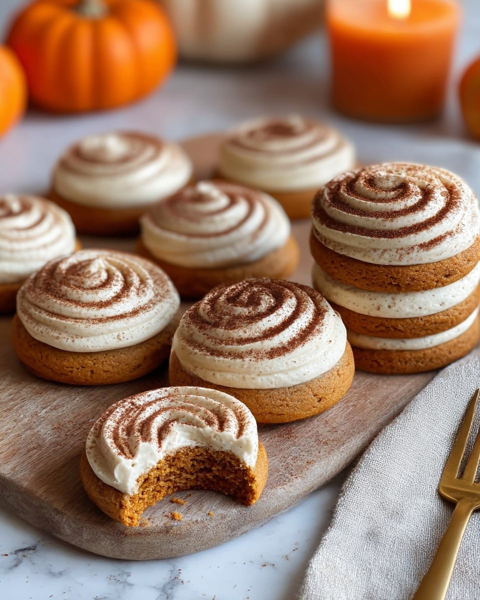 The image shows six round pumpkin cookies on a wooden board placed on a white marbled surface. Five cookies have one layer of light brown cookie base topped with a thick swirl of creamy white frosting dusted with dark brown cocoa powder. One cookie is stacked with two layers of cookie base separated by a thick layer of frosting, and more frosting swirled on top, also dusted with cocoa powder. One cookie in front has a bite taken out, showing the soft inner texture and crumbs around it. In the background, blurry pumpkins and an orange candle add warm autumn colors. A gold and brown fork lies on the right on a beige linen cloth. photo taken with an iphone --ar 4:5 --v 7