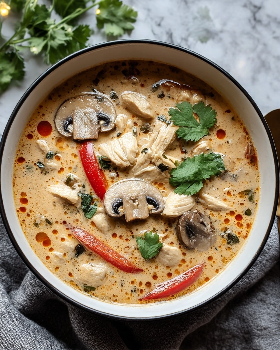 A bowl filled with creamy soup that has a light tan color with reddish oil spots on top, filled with sliced mushrooms that are white with dark centers, light beige chicken pieces spread throughout, thin long red bell pepper strips, small bits of green herbs, and fresh green cilantro leaves on top. The bowl is white with a dark outer rim and is placed on a gray cloth on a white marbled surface with some cilantro leaves nearby. Photo taken with an iphone --ar 4:5 --v 7