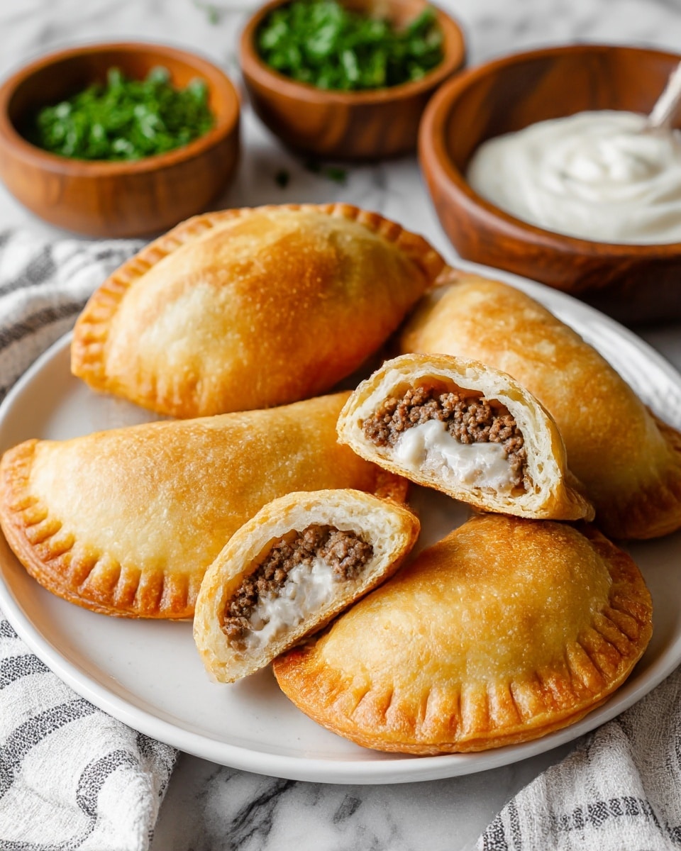 A white plate holds five golden brown fried empanadas, one of which is cut in half to reveal a filling of cooked ground beef mixed with finely chopped onions and a creamy sauce inside. The empanadas have a slightly crispy crust with crimped edges, and their golden color shows a perfect cook. The plate is set on a white marbled surface with a striped cloth nearby, and in the background, there are two wooden bowls, one filled with chopped green herbs and the other with a creamy white sauce. Photo taken with an iphone --ar 4:5 --v 7