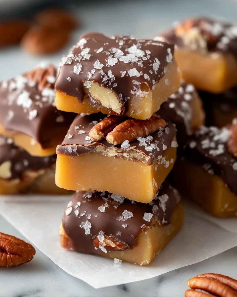 A close-up view of a small stack of square caramel candies on white parchment paper. Each candy has two main layers: the bottom layer is smooth, golden caramel with a slightly glossy texture, and the top layer is a thick, uneven chocolate coating sprinkled with coarse white sea salt flakes. Whole pecan halves are embedded partially in the caramel layer and slightly covered by the chocolate on top, adding a rough texture and dark brown color contrast. The candies are arranged in a loosely stacked pile on a white marbled surface, with some pecan halves visible in the blurry background. photo taken with an iphone --ar 4:5 --v 7