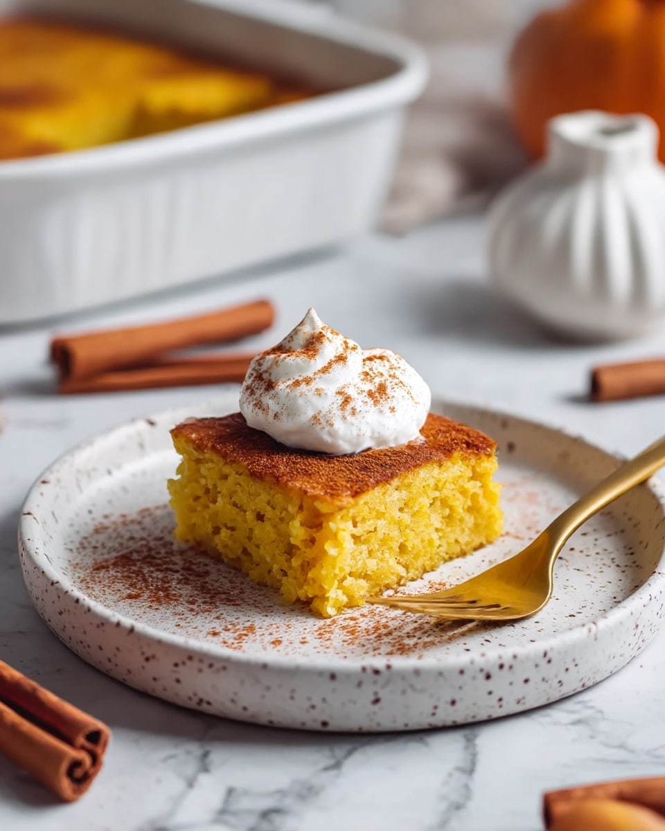 A single square piece of golden yellow cake with a slightly browned top sits in the center of a white speckled plate. The cake looks soft and moist, with a textured crumb. On top, a dollop of white whipped cream is dusted lightly with brown cinnamon powder. A gold fork rests on the right edge of the plate, tilting slightly under the cake. The plate is on a surface with a white marbled texture, with cinnamon sticks placed nearby and a blurred background showing a white baking dish and a small white decorative pot. photo taken with an iphone --ar 4:5 --v 7