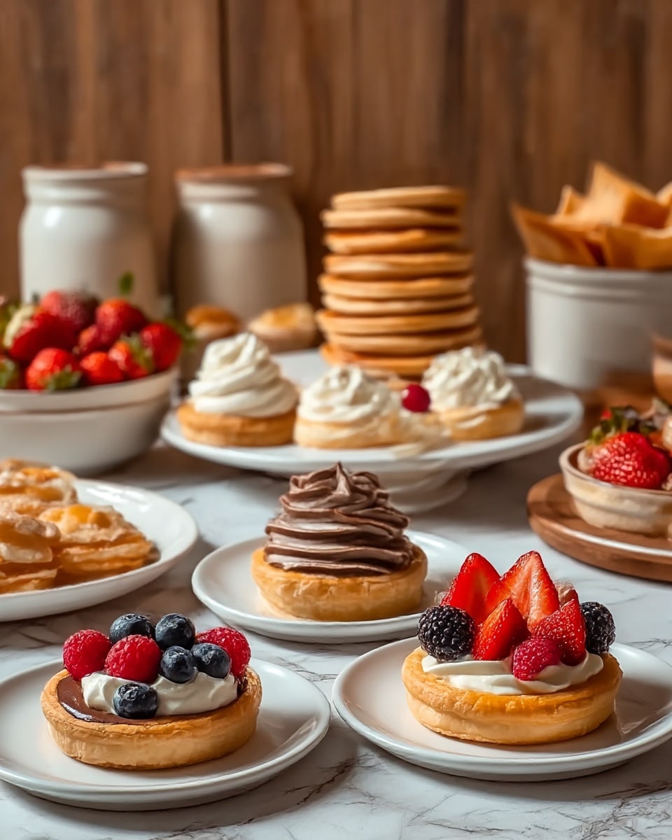 The image shows a variety of small tart-like pastries arranged on white plates and a wooden table with a white marbled texture. In the front, there are three small tarts: one with blueberries and raspberries on chocolate cream, one with sliced strawberries on white cream, and one topped with mixed berries including raspberries and blueberries on orange cream. Behind them, on a white plate, are more small tarts filled with swirls of chocolate and white cream, with one topped by a small red berry. In the background, there is a stack of round pastries with a golden brown color, layered like a small tower, and more pastries including flat round ones with chocolate and folded pastry pockets. There are bowls of strawberries and mixed fruits, and ceramic containers in the scene, set against a wooden backdrop. Photo taken with an iphone --ar 4:5 --v 7