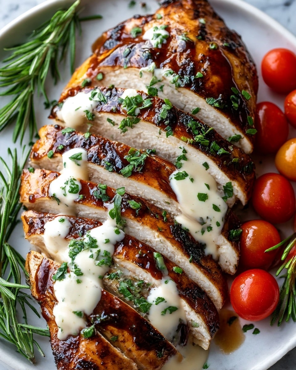A close-up of a sliced grilled chicken breast with a shiny, dark brown glaze on top with some charred spots, revealing the juicy white inside layers. There are dollops of creamy white sauce spread over the top and sprinkled fresh green herbs, mostly chopped parsley, scattered over the chicken. To the right side of the chicken are some small bright red cherry tomatoes, and around the plate there are sprigs of fresh green rosemary. The dish is served on a white plate on a white marbled textured surface. Photo taken with an iphone --ar 4:5 --v 7