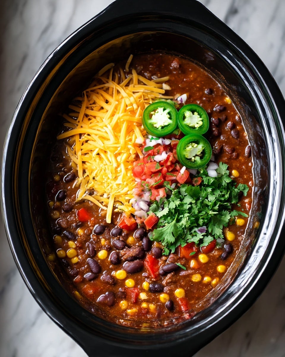 A black slow cooker filled with a thick chili stew that has visible layers of black beans, yellow corn, and red bell peppers creating a colorful base. On top of the stew, there are two small piles of shredded yellow cheddar cheese, slices of fresh green jalapeño peppers, and a mix of finely chopped red tomatoes, white onions, and green cilantro. The chili has a moist, chunky texture with a rich, dark reddish-brown sauce surrounding the layers of ingredients. The background is a white marbled texture. photo taken with an iphone --ar 4:5 --v 7