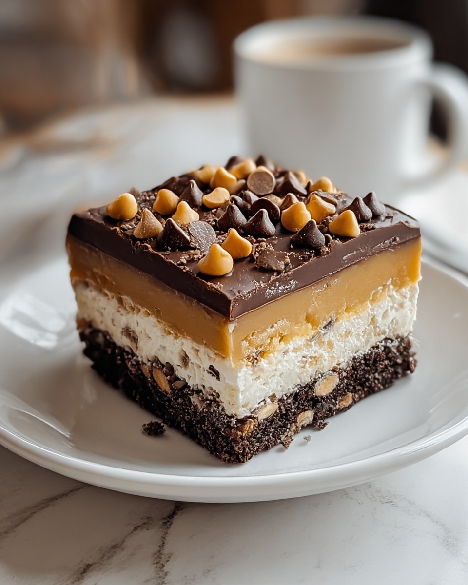 A close-up of a square dessert with four distinct layers placed on a white plate on a white marbled surface. The bottom layer is a dark, crumbly chocolate base with visible chunks mixed in. Above that is a creamy white layer with scattered bits, giving a soft texture. The third layer is a smooth, thick caramel with a rich golden brown color. The top layer is glossy dark chocolate, decorated with a generous sprinkle of dark chocolate chips and light brown butterscotch chips, creating a textured and inviting finish. A white coffee mug is blurred in the background, adding to the cozy setting. photo taken with an iphone --ar 4:5 --v 7