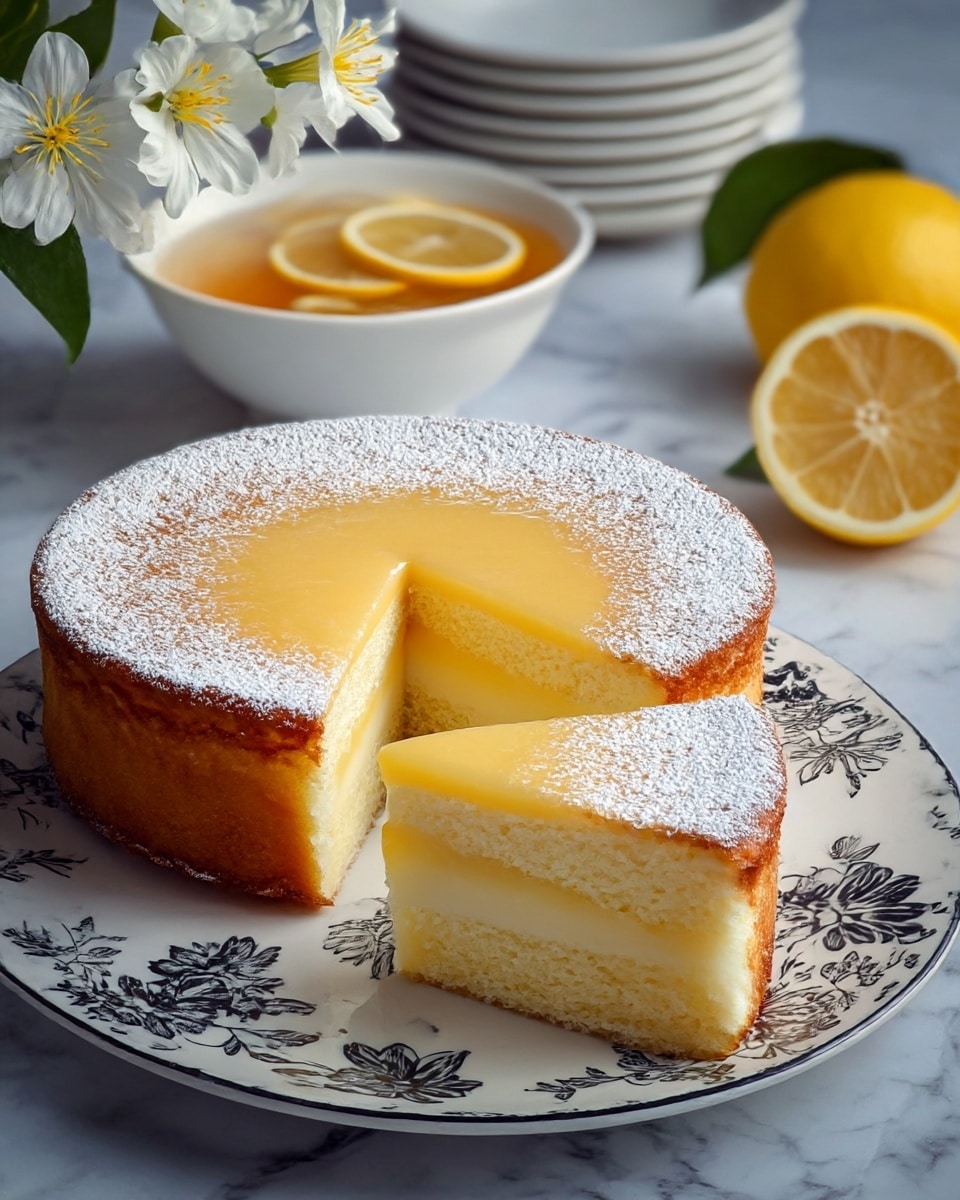 The image shows a round lemon cake with a slice cut out, revealing two layers: a light yellow, soft inner cake layer and a slightly darker golden crust on the edges. The top layer is smooth and glossy with a pale lemon yellow filling, lightly dusted with powdered sugar around the edges. The cake is placed on a white plate with a blue floral design, sitting on a white marbled surface. Behind the cake, there is a white bowl with lemon slices in a yellow liquid, stacked on two white plates. Next to it, there is a bunch of white flowers with yellow centers and a halved lemon with a bright yellow inside. Photo taken with an iphone --ar 4:5 --v 7