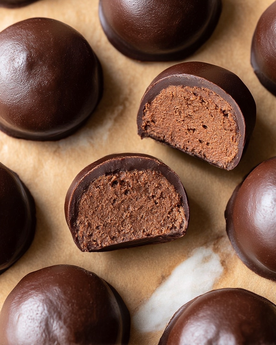 The image shows several round chocolate truffles placed closely together on a white marbled texture. Each truffle has a smooth, shiny dark chocolate outer layer with slight bumps and reflective spots. Some truffles are whole, while others are cut in half, revealing a dense, slightly crumbly milk chocolate filling inside. The layers show the thin dark chocolate shell on the outside and the thick, rich milk chocolate center inside. The overall color scheme is deep brown to lighter brown with a glossy finish. photo taken with an iphone --ar 4:5 --v 7