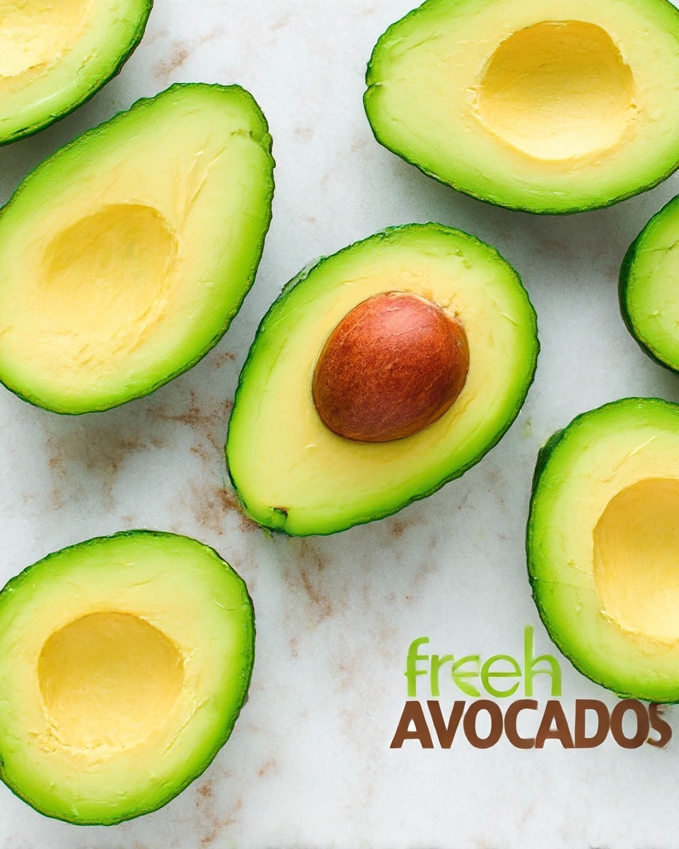The image shows five avocado halves arranged on a white marbled surface. The avocado halves display bright green outer skin with smooth, pale yellow-green flesh inside. One half prominently features a large brown seed, while the others show the hollow left where the seed was removed. The wooden texture is replaced by the white marbled surface underneath, and to the right side of the avocados is green and brown text promoting fresh avocados with messages about healthy fats and being cholesterol-free. Photo taken with an iphone --ar 4:5 --v 7