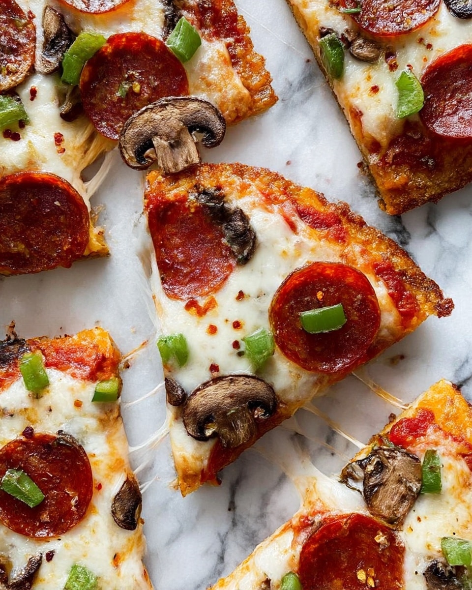 The image shows slices of pizza on a white marbled surface with a slightly golden, crispy crust. Each slice has a base layer of bright red tomato sauce visible around the edges, topped with melted creamy white mozzarella cheese that stretches between the slices. On top of the cheese layer, there are circular dark red pepperoni slices, green diced bell peppers, and brown cooked mushroom pieces scattered across the slices. The crust is thick and golden, and some slices have small red chili flakes sprinkled on the cheese. The overall look is warm, gooey, and fresh. photo taken with an iphone --ar 4:5 --v 7