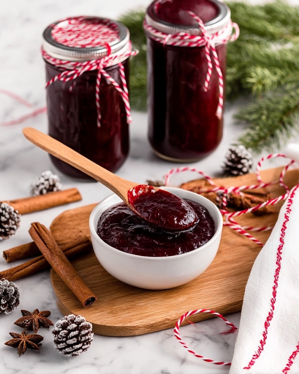 A small white bowl filled with thick, dark red jam with a wooden spoon resting inside it scooping some jam. Behind the bowl, there are two tall glass jars filled with the same dark red jam, each tied with red and white twisted string. The setup is on a wooden board with scattered cinnamon sticks, small pine cones dusted in white, and red and white twisted string looping around. A white cloth with red stitching is placed on the right side and some green pine branches are visible in the background, all set on a white marbled surface. Photo taken with an iphone --ar 4:5 --v 7