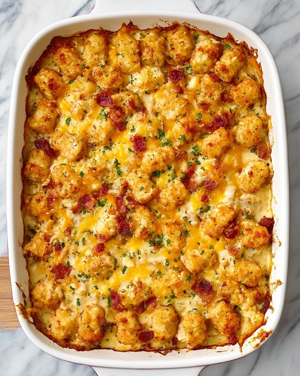 A golden-baked casserole in a large white ceramic dish sits on a white marbled surface. The top layer is bubbly, crispy tater tots with a golden-brown texture scattered evenly, peeking through a mixed layer of melted yellow and white cheese that shows a slightly creamy and stringy texture. Underneath, small chunks of browned bacon and bits of tender chicken pieces are visible, mixed into a smooth creamy sauce base, sprinkled with finely chopped green herbs adding a touch of color. The edges of the dish show slight browning and crispiness, hinting at a well-cooked, hearty meal. photo taken with an iphone --ar 4:5 --v 7