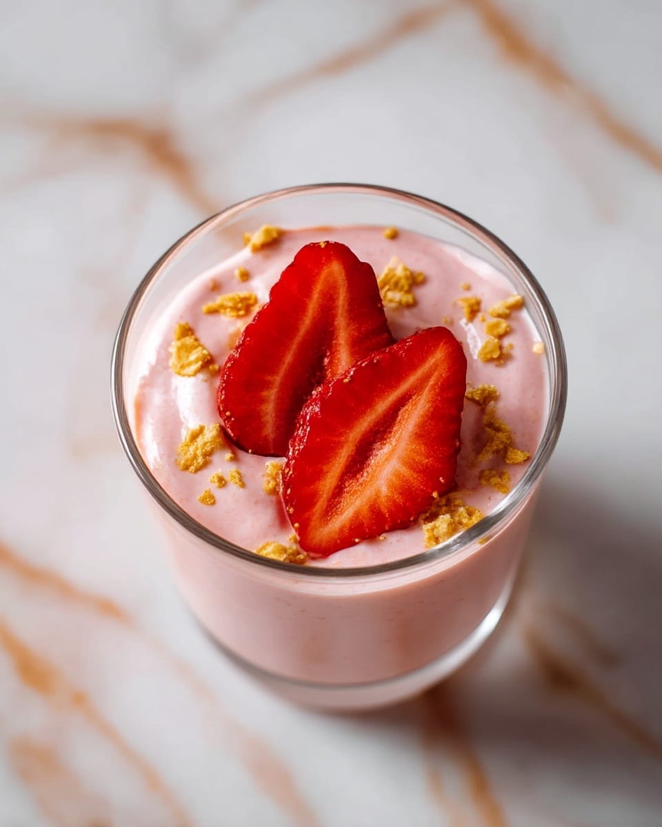 A clear round glass holds a creamy pink mousse with a smooth and fluffy texture. On top, two sliced bright red strawberry halves are placed diagonally, showing their juicy inside and seeds clearly. Around the strawberries, small golden crumb pieces are scattered, adding contrast to the soft mousse. The glass sits on a white marble surface with light brown veins. Photo taken with an iphone --ar 4:5 --v 7
