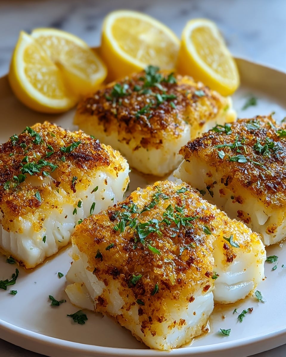 The image shows four square pieces of grilled white fish with a crispy golden-brown crust on top, sprinkled with chopped green herbs. The fish fillets have white, flaky layers underneath the crust and are placed on a white plate. In the background, three lemon wedges with bright yellow skin and pale yellow flesh are arranged on the plate. The plate sits on a white marbled surface with soft lighting highlighting the texture of the fish and the freshness of the herbs and lemons. Photo taken with an iphone --ar 4:5 --v 7