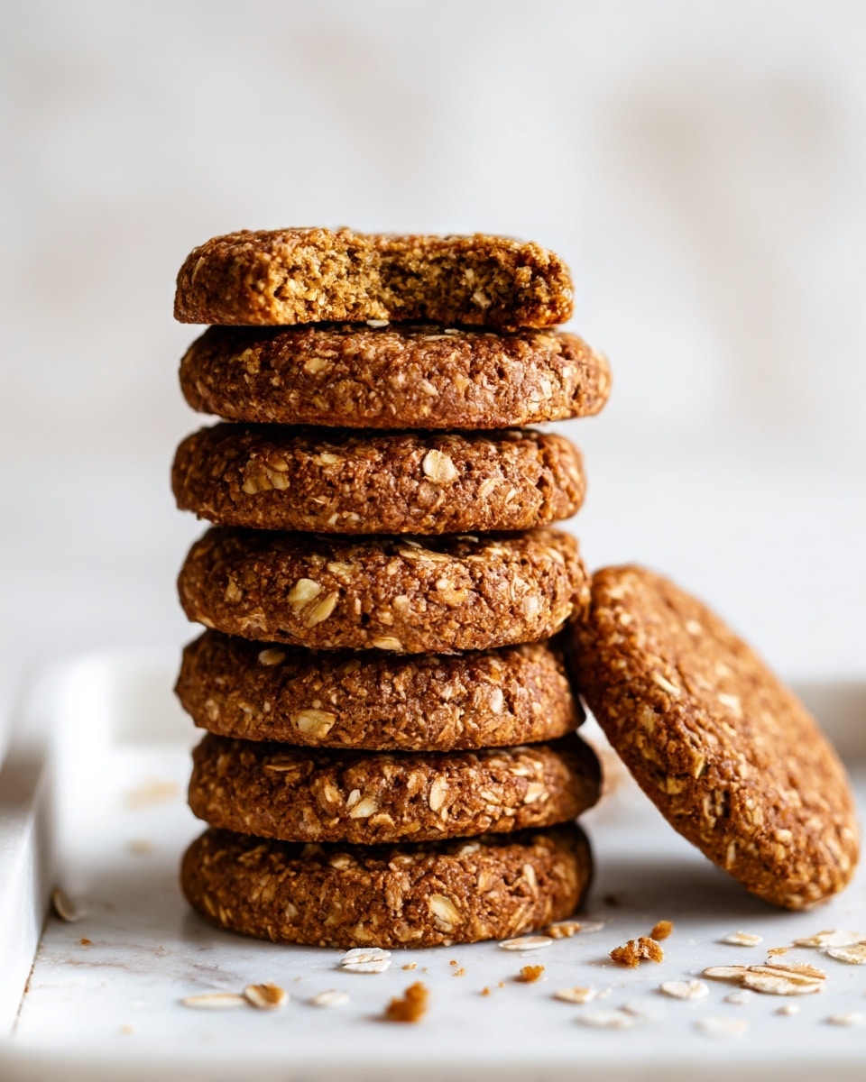 A stack of five round brown cookies with a rough, slightly crumbly texture and visible oats is placed on a white tray with a white marbled surface underneath. The top cookie has a small bite taken from its edge, showing a dense, moist inside. One cookie lies flat on the tray behind the stack, and crumbs are scattered around the base. The background is softly blurred with a clean, white marbled surface, highlighting the cookies as the main focus. photo taken with an iphone --ar 4:5 --v 7