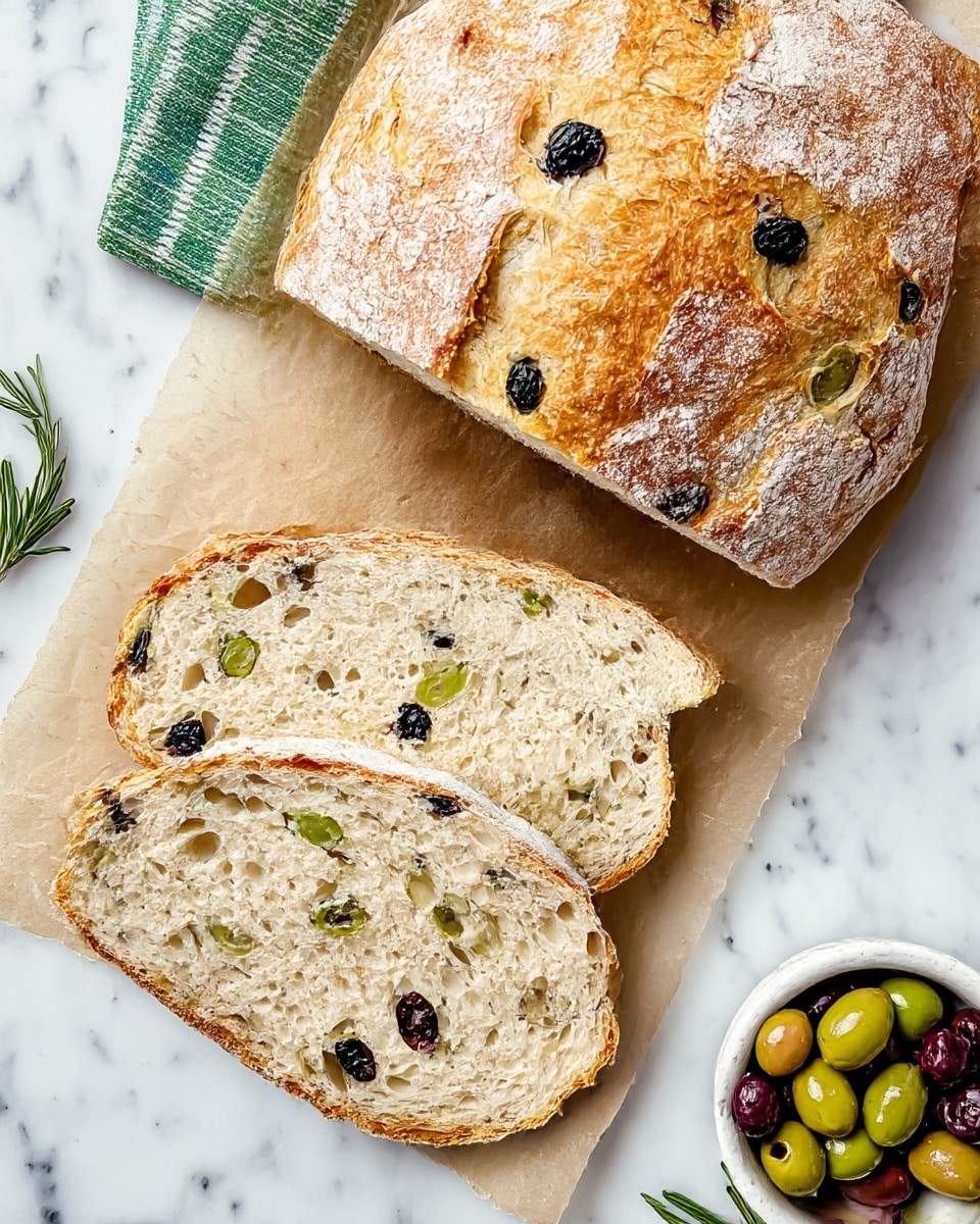 A round loaf of bread with a golden brown crust is sliced, showing a soft, light beige inside filled with small pieces of black and green olives. The bread has a slightly rough texture on the outside with a dusting of flour and a porous, airy crumb inside. Two thick slices lie flat on a piece of parchment paper on a white marbled surface, with the larger unsliced loaf placed above them. Near the bottom right corner, a white bowl contains a mix of green, black, purple, and yellow olives. Sprigs of rosemary and a green-striped cloth add extra detail around the edges. photo taken with an iphone --ar 4:5 --v 7