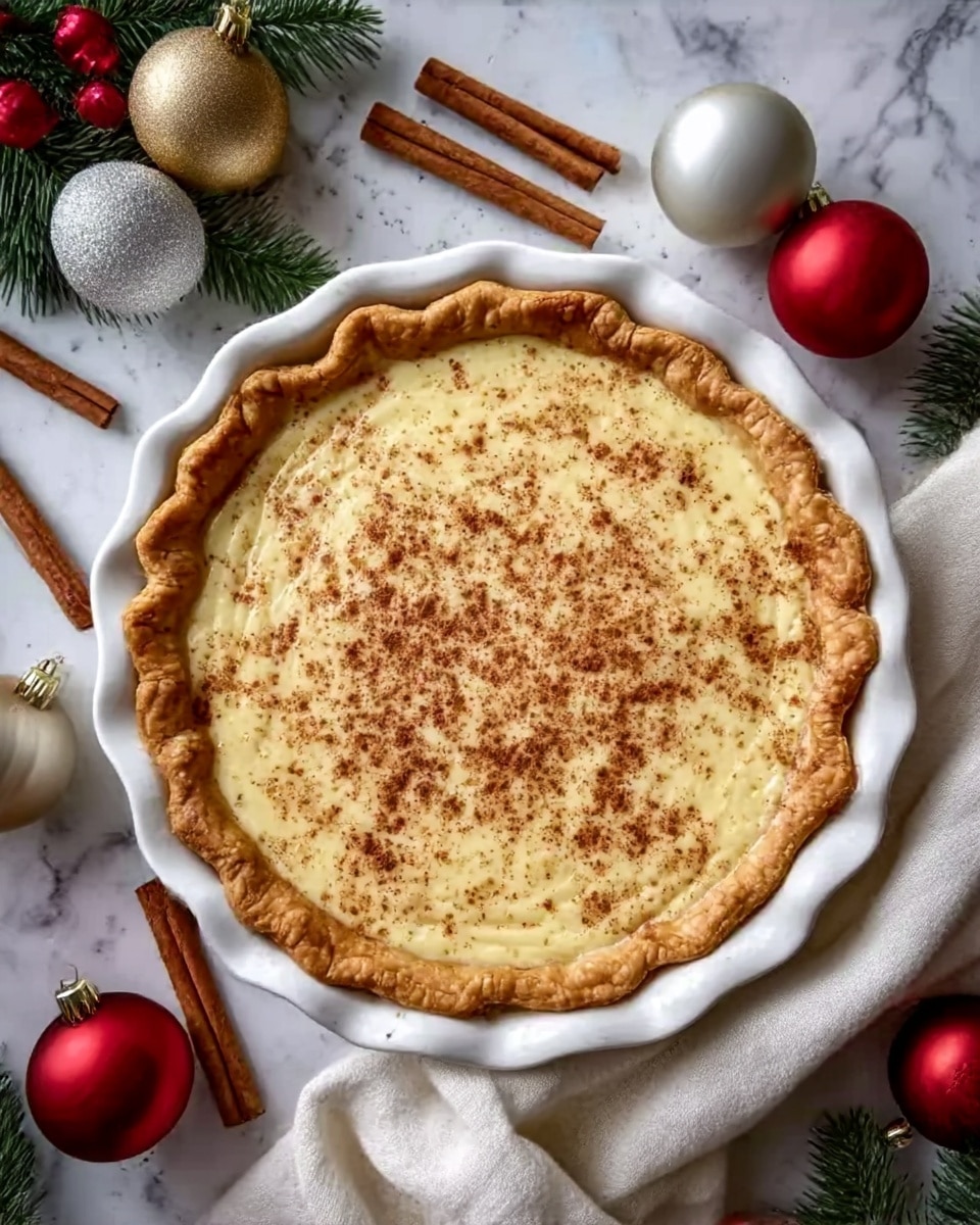 A top view of a round pie with a golden, flaky crust that is crimped along the edges, holding a creamy, light yellow filling with specks of brown sprinkled evenly on top. The pie is in a white, scalloped ceramic dish placed on a white marbled surface. Around the dish are scattered whole cinnamon sticks and festive decorations like large, shiny ornaments in gold, silver, and red, along with pine leaves and a soft white cloth partially under the pie dish. Photo taken with an iphone --ar 4:5 --v 7