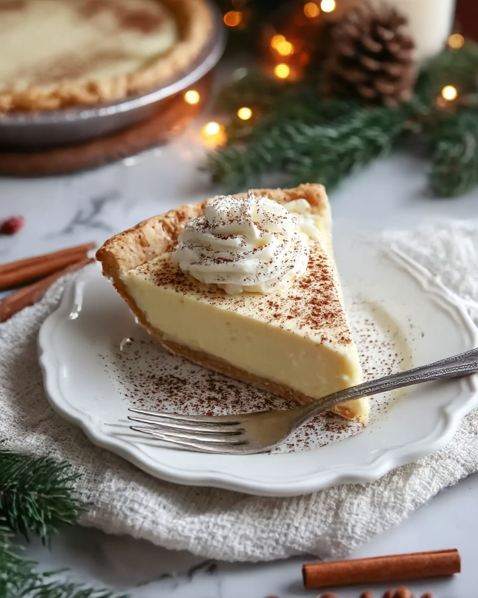 A single slice of creamy pie with a light golden crust edges a smooth, pale yellow filling that sits on a white scalloped plate. The top of the pie is decorated with a swirl of soft white whipped cream, dusted lightly with cocoa powder, which is also sprinkled around the plate. The slice is positioned diagonally on the plate with a silver fork resting next to it. The scene includes a white textured cloth under the plate and a rustic table with warm, softly glowing lights, pinecones, cinnamon sticks, and green pine branches in the background, all set against a white marbled surface. Photo taken with an iphone --ar 4:5 --v 7