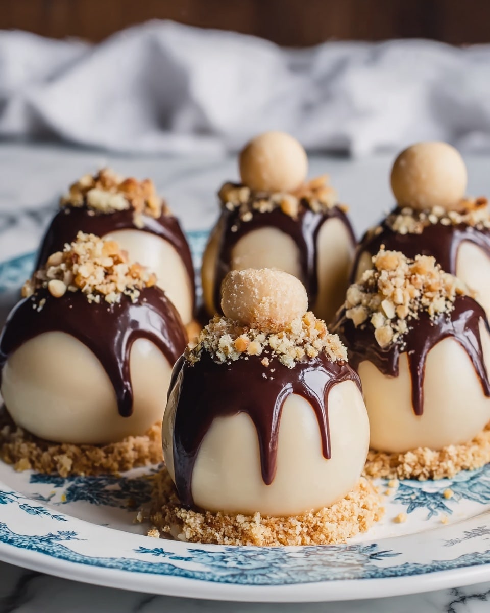 The image shows six smooth, round light beige dessert balls placed closely together on a white plate with a blue floral pattern, all resting on small beds of crushed light brown crumbs. Each ball is topped with a shiny, dark brown chocolate sauce that drips slightly down the sides, and sprinkled with chunky light tan crumb pieces on top. One dessert has an extra light beige crumble ball on it. The background features a white marbled texture surface and a blurred white cloth. photo taken with an iphone --ar 4:5 --v 7