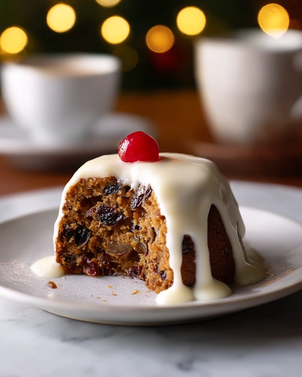 A small round fruitcake is shown cut open, revealing a dense brown crumb filled with dark raisins and other dried fruits. On top, there is a thick layer of smooth white icing that spills down the sides in soft drips. A single shiny red cherry sits on the center of the icing. The cake rests on a white plate, placed on a white marbled surface, with blurred glowing lights in the background and a white coffee cup slightly out of focus to the side. photo taken with an iphone --ar 4:5 --v 7
