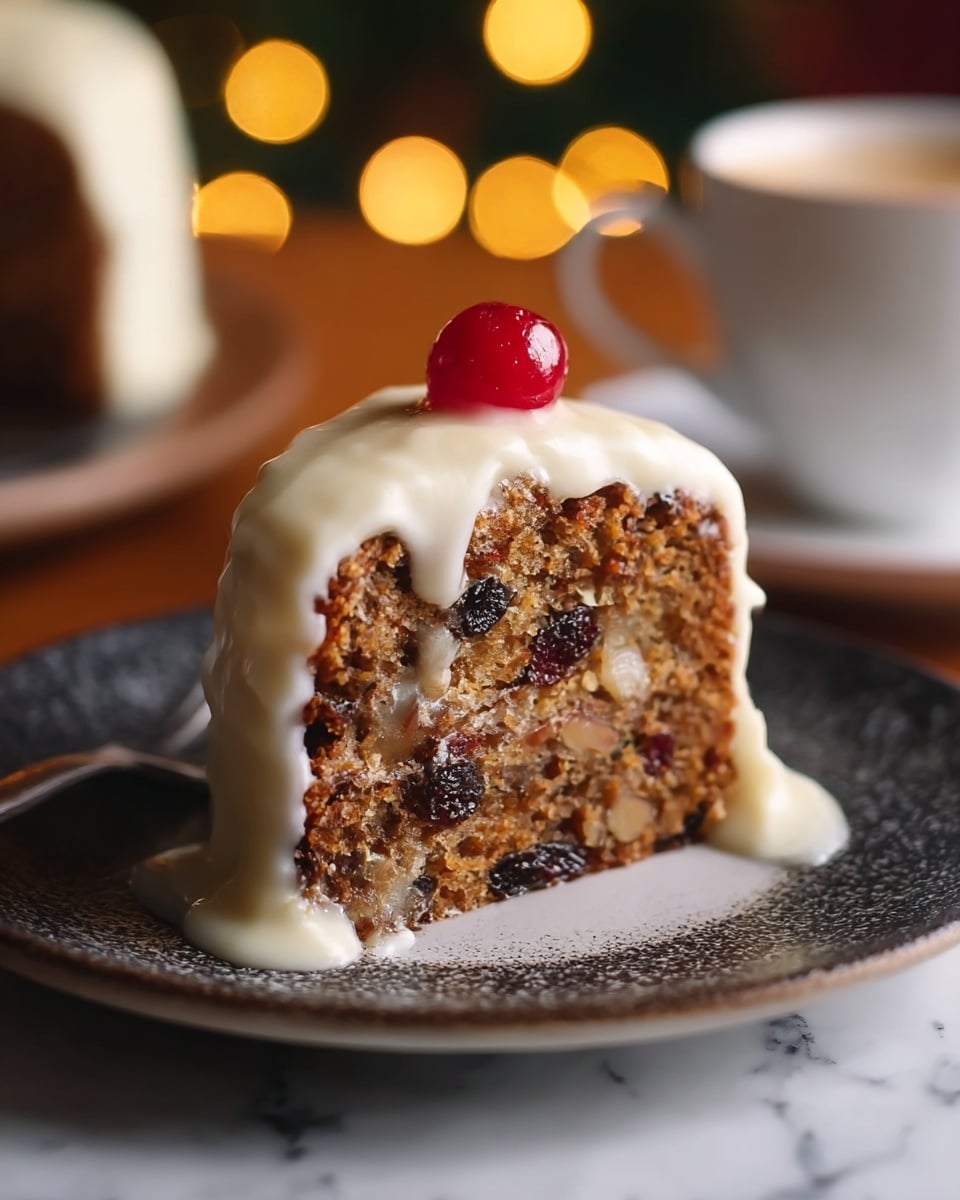 A single slice of fruit cake sits on a white plate with a dark speckled texture, showing two layers: a bottom layer of brown cake filled with dark raisins and nuts, and a thick top layer of creamy white frosting that drips slightly over the edges. A shiny red cherry is placed on top of the frosting at the center. The background features blurred warm lights and a white cup and saucer are partially visible to the right. The surface under the plate has a white marbled texture. Photo taken with an iphone --ar 4:5 --v 7